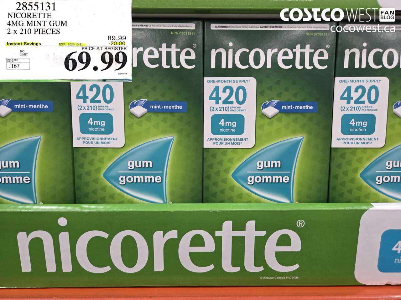 2855131 NICORETTE 4MG MINT GUM 2 X 210 PIECES ($20.00 INSTANT SAVINGS EXPIRES ON 2026-10-11) $69.99