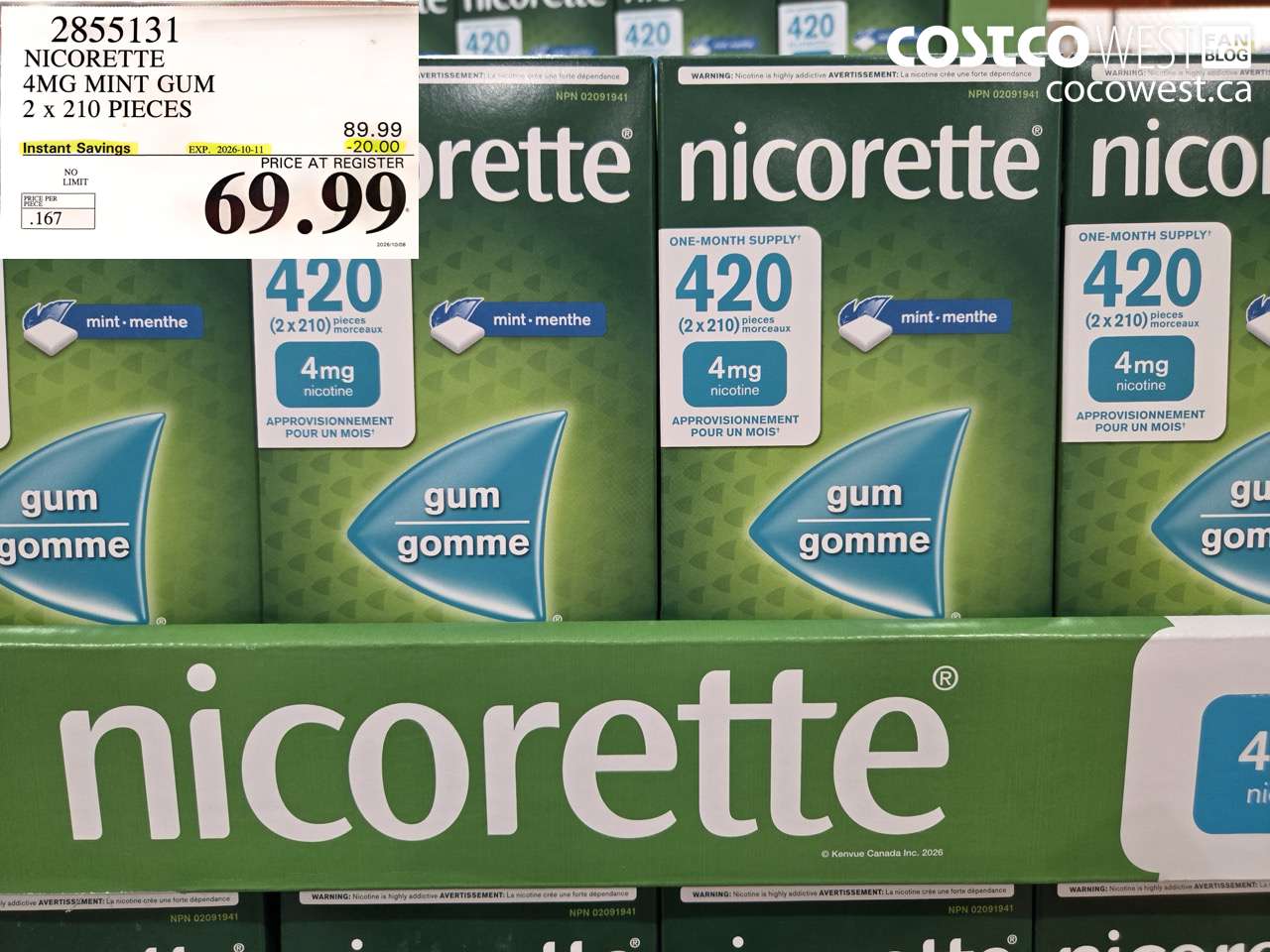 2855131 NICORETTE 4MG MINT GUM 2 X 210 PIECES ($20.00 INSTANT SAVINGS EXPIRES ON 2026-10-11) $69.99