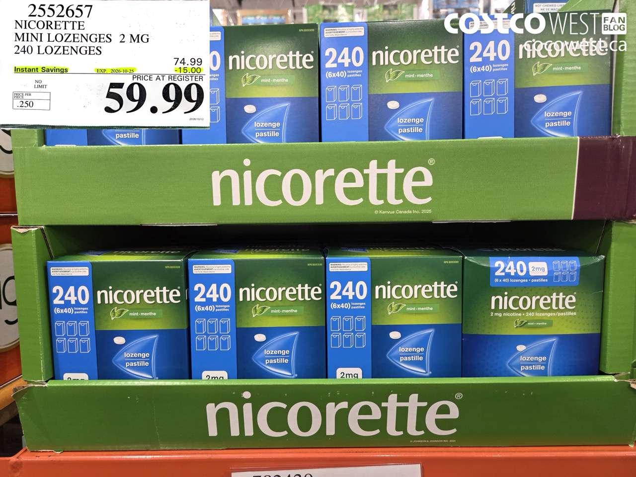 2552657 NICORETTE MINI LOZENGES 2 MG 240 LOZENGES ($15.00 INSTANT SAVINGS EXPIRES ON 2026-10-25) $59.99