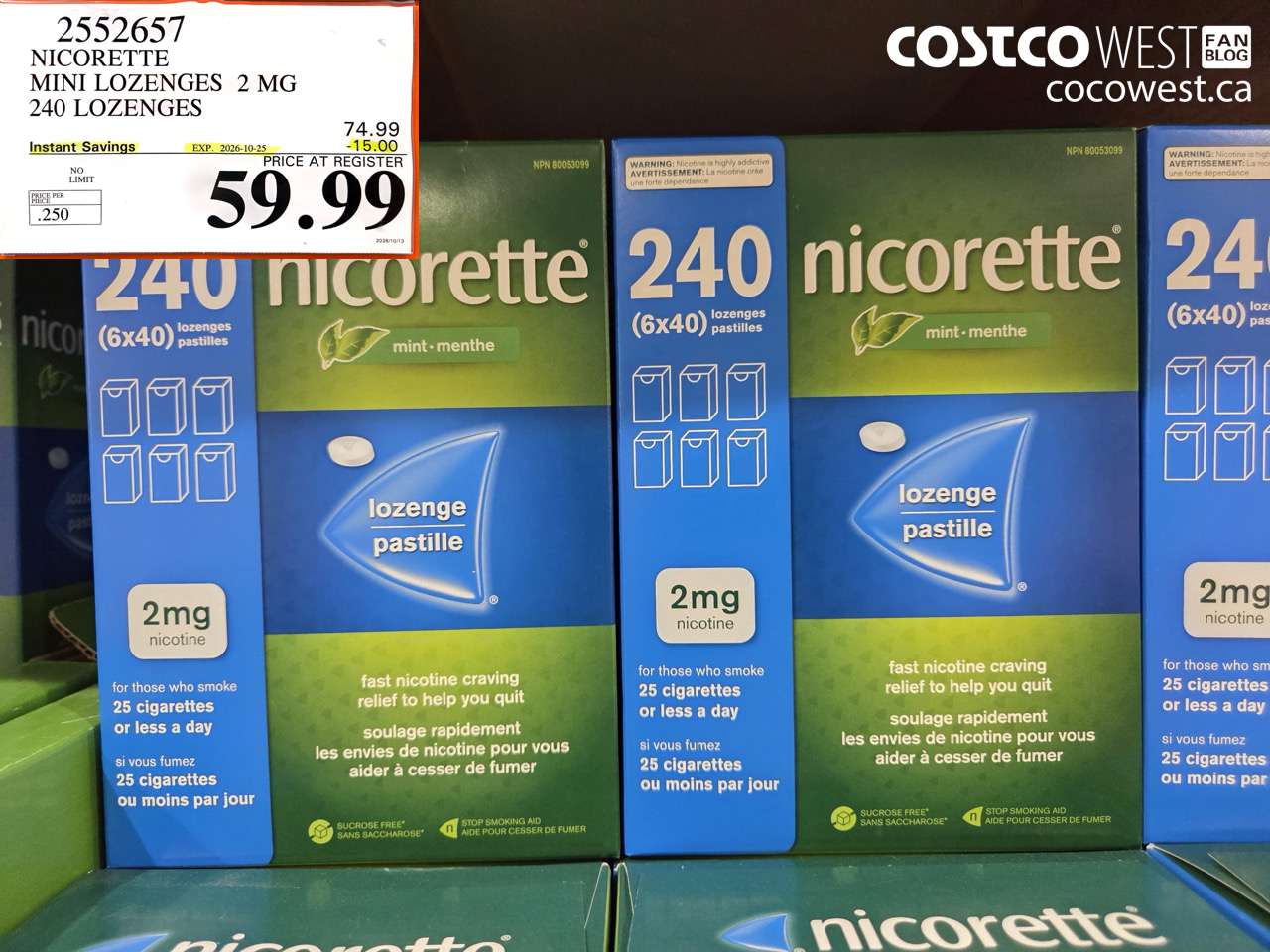 2552657 NICORETTE MINI LOZENGES 2 MG 240 LOZENGES ($15.00 INSTANT SAVINGS EXPIRES ON 2026-10-25) $59.99