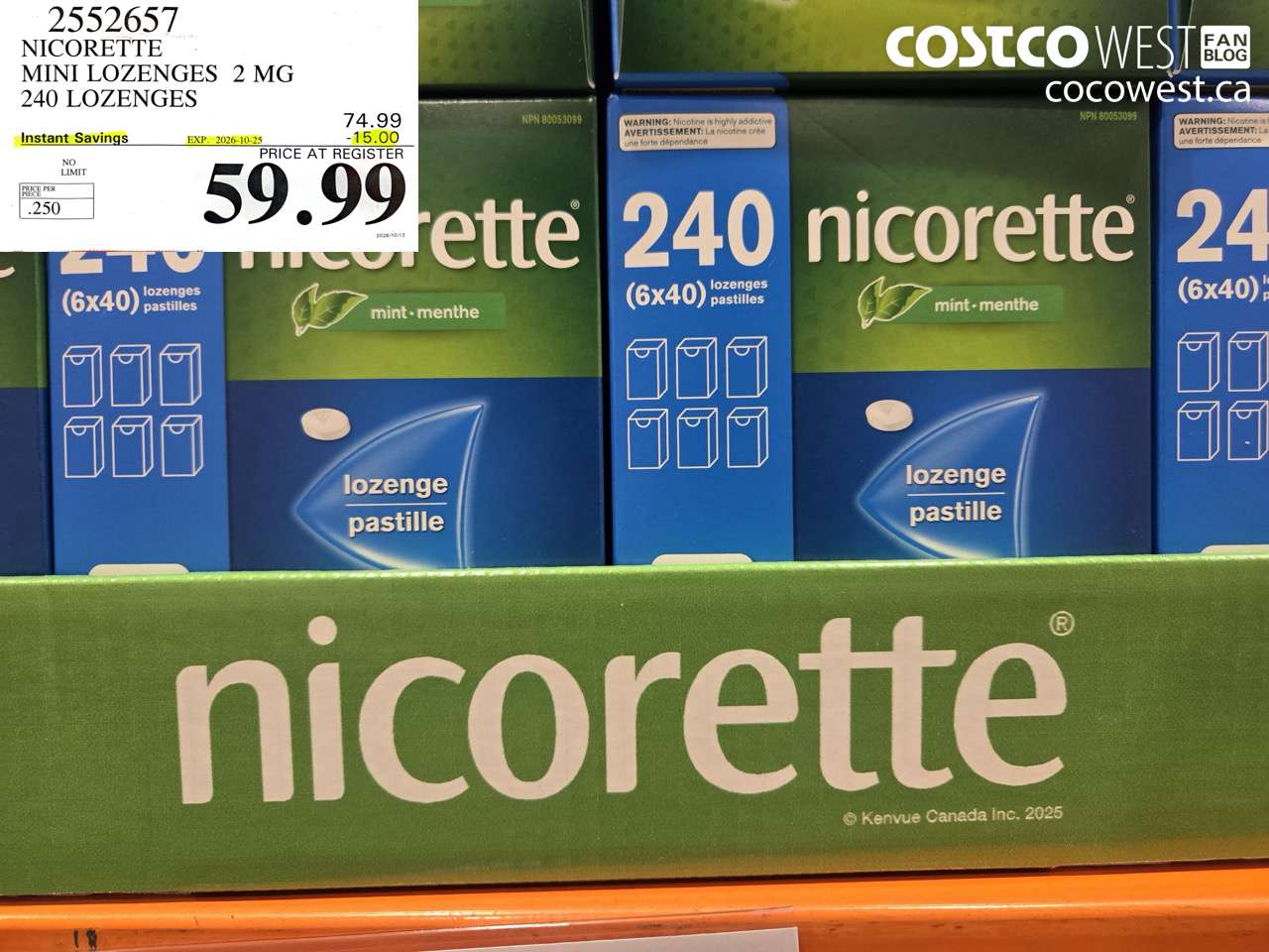 2552657 NICORETTE MINI LOZENGES 2 MG 240 LOZENGES ($15.00 INSTANT SAVINGS EXPIRES ON 2026-10-25) $59.99