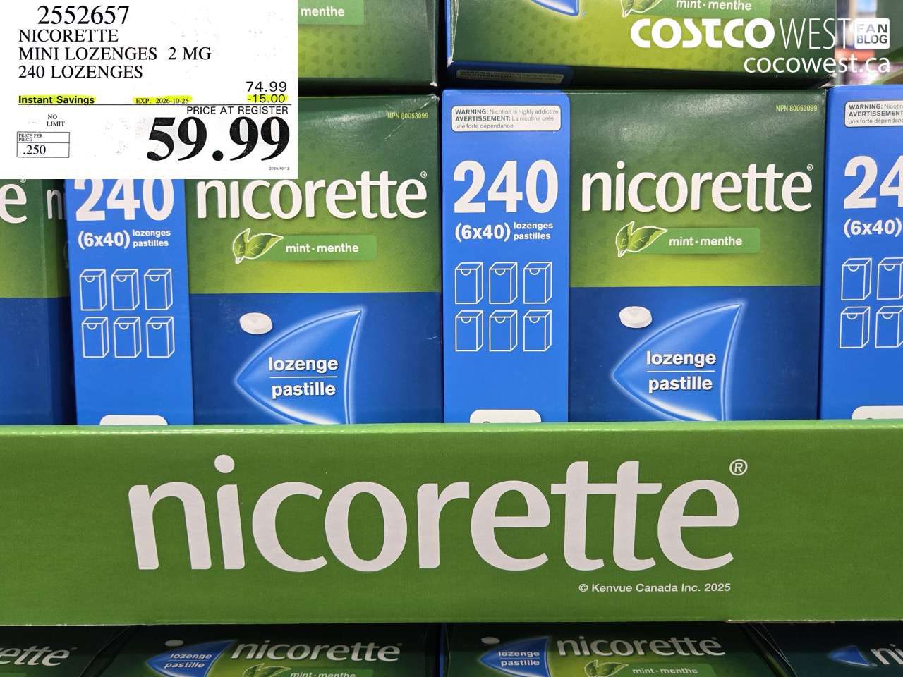 2552657 NICORETTE MINI LOZENGES 2 MG 240 LOZENGES ($15.00 INSTANT SAVINGS EXPIRES ON 2026-10-25) $59.99
