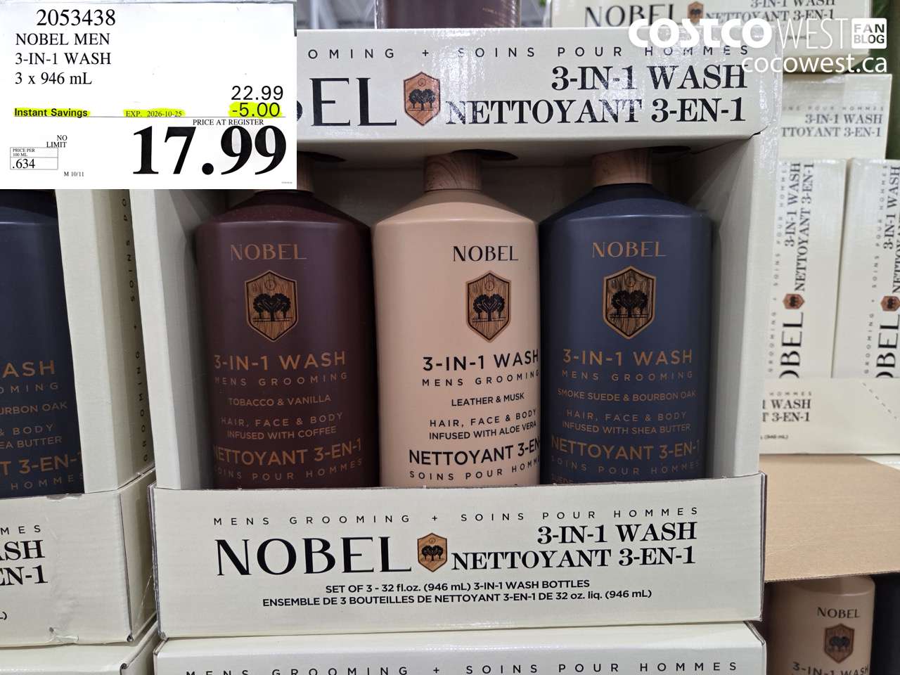 2053438 NOBEL MEN 3-IN-1 WASH 3 X 946 ML ($5.00 INSTANT SAVINGS EXPIRES ON 2026-10-25) $17.99