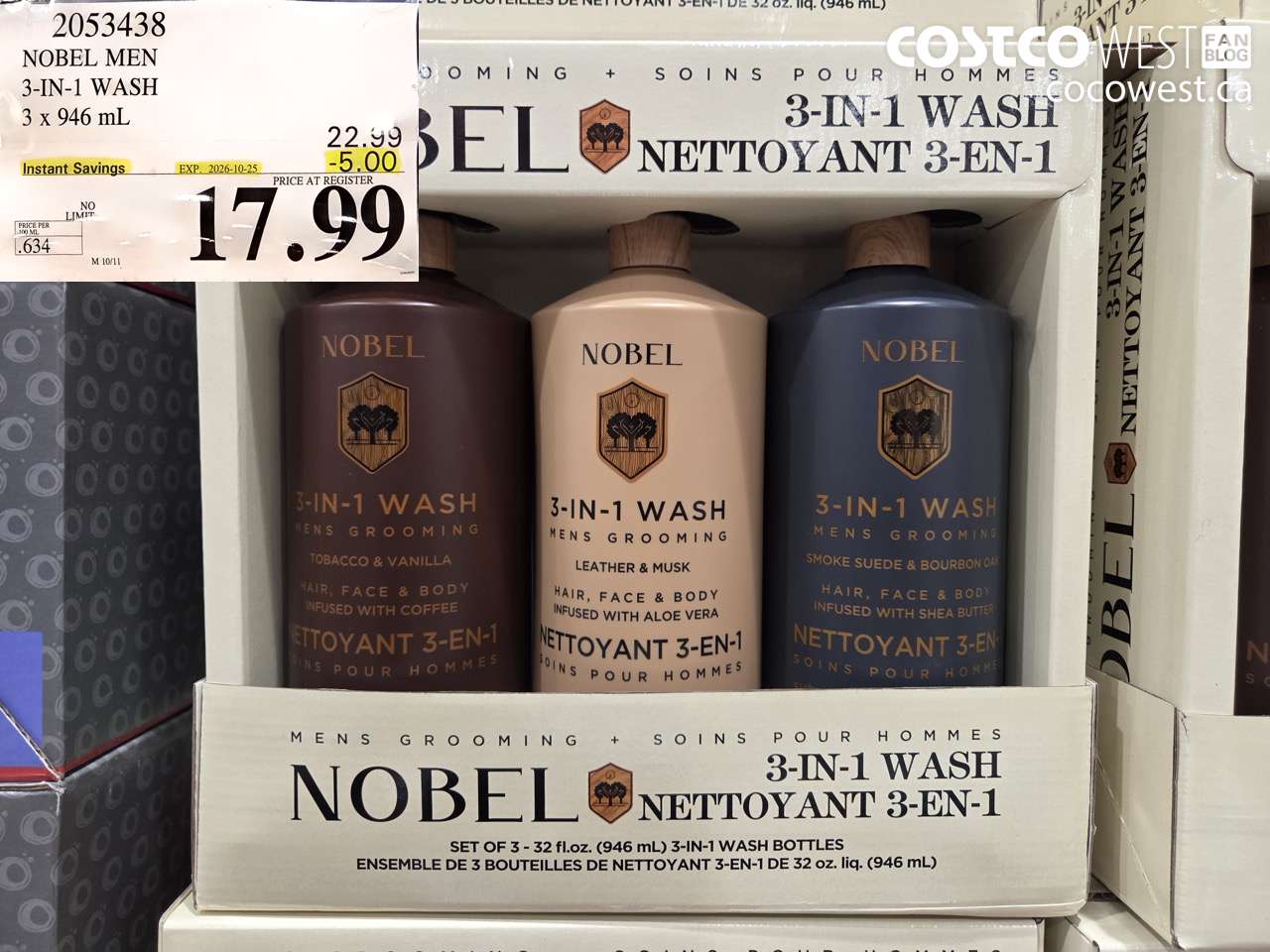 2053438 NOBEL MEN 3-IN-1 WASH 3 X 946 ML ($5.00 INSTANT SAVINGS EXPIRES ON 2026-10-25) $17.99