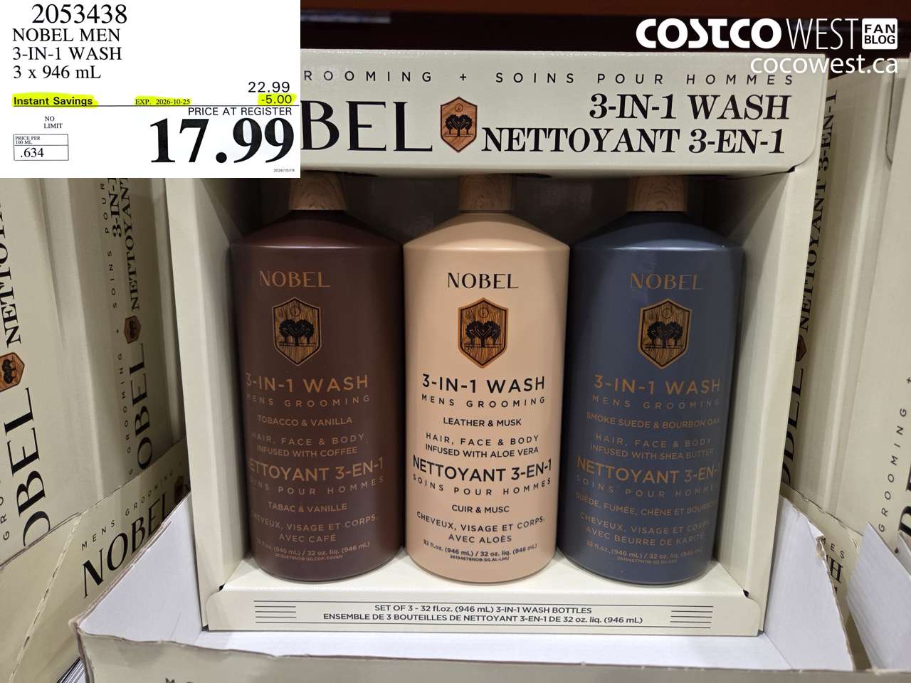 2053438 NOBEL MEN 3-IN-1 WASH 3 X 946 ML ($5.00 INSTANT SAVINGS EXPIRES ON 2026-10-25) $17.99