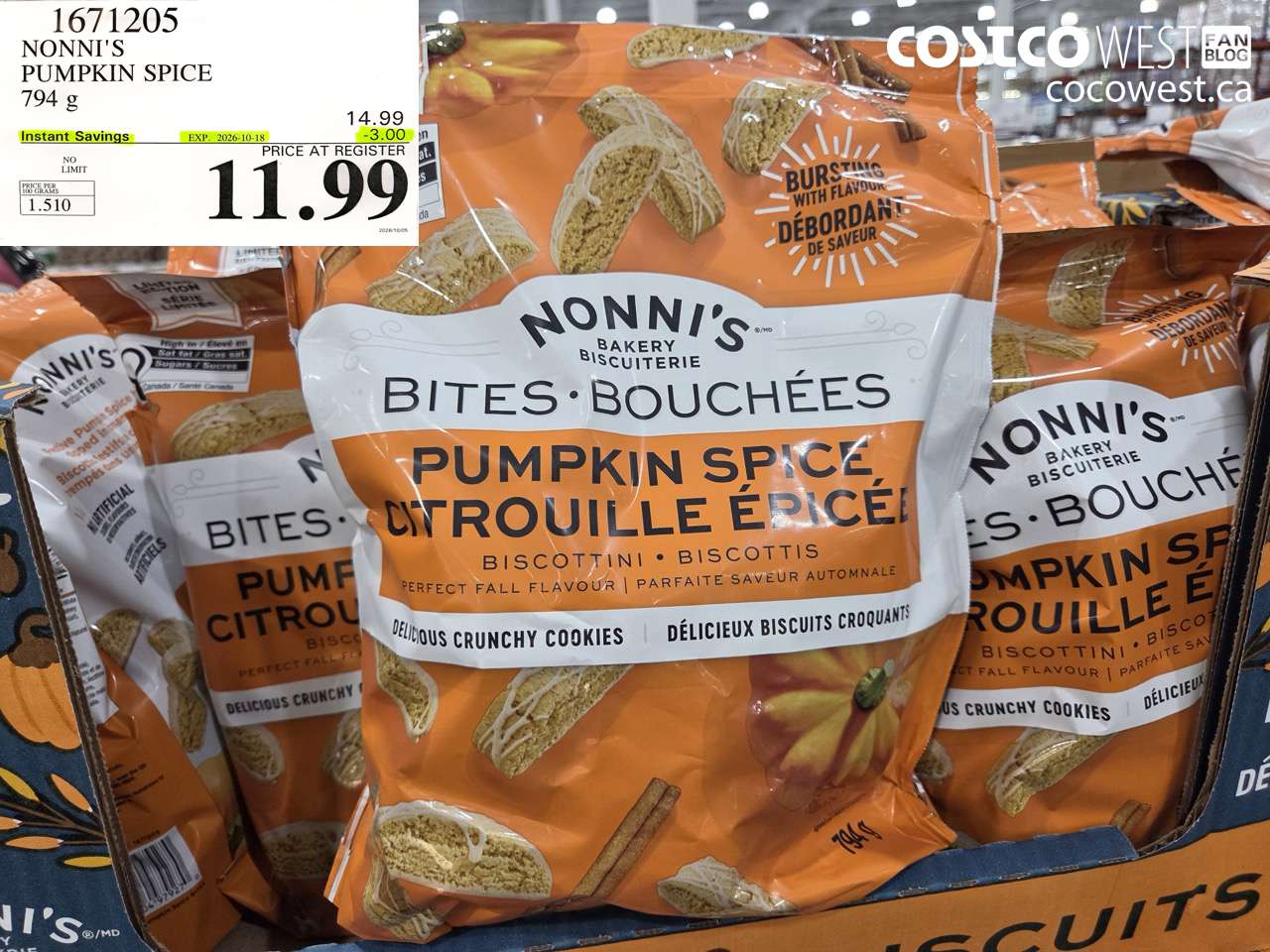 1671205 NONNI'S PUMPKIN SPICE 794 G ($3.00 INSTANT SAVINGS EXPIRES ON 2026-10-18) $11.99