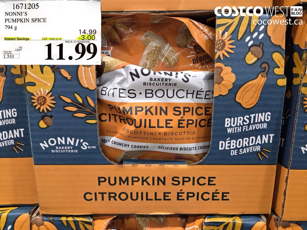 1671205 NONNI'S PUMPKIN SPICE 794 G ($3.00 INSTANT SAVINGS EXPIRES ON 2026-10-18) $11.99