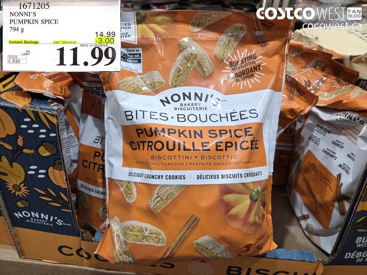 1671205 NONNI'S PUMPKIN SPICE 794 G ($3.00 INSTANT SAVINGS EXPIRES ON 2026-10-18) $11.99