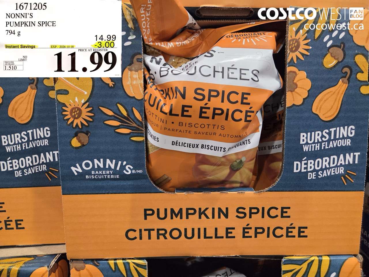 1671205 NONNI'S PUMPKIN SPICE 794 G ($3.00 INSTANT SAVINGS EXPIRES ON 2026-10-18) $11.99