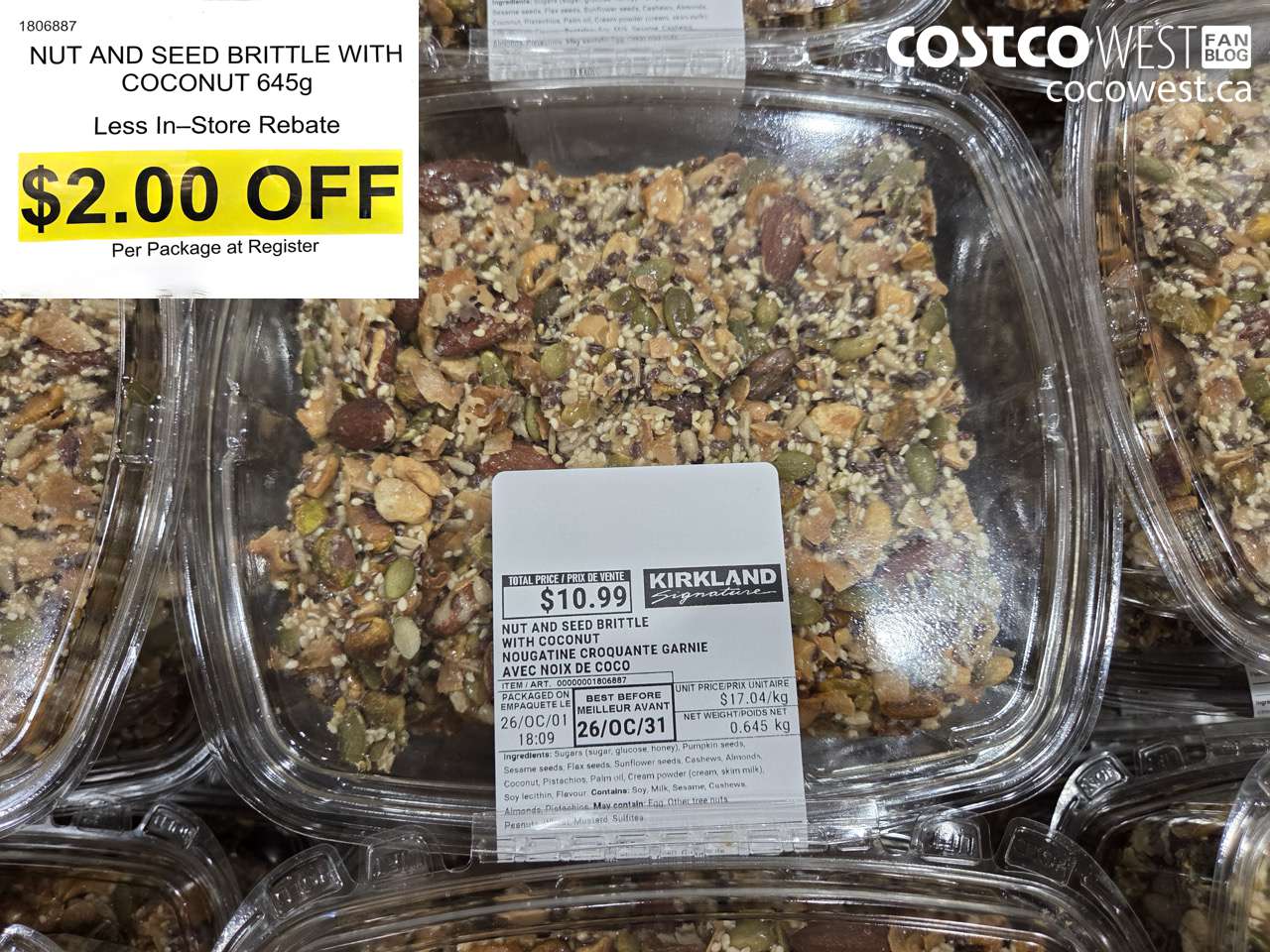 1806887 NUT AND SEED BRITTLE WITH COCONUT 645G ($2.00 INSTANT SAVINGS)