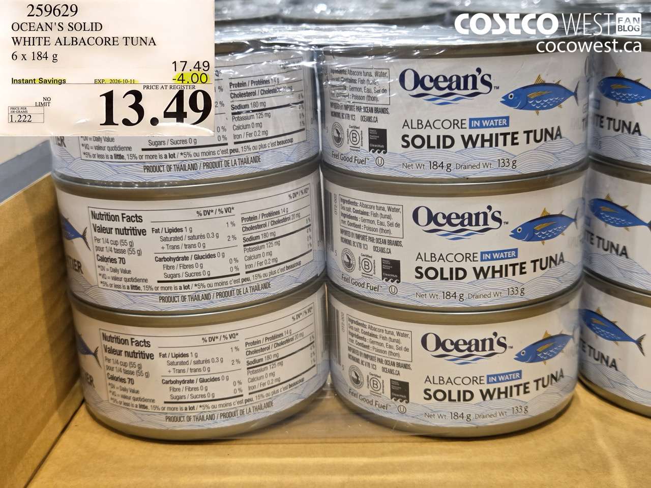 259629 OCEAN'S SOLID WHITE ALBACORE TUNA 6 X 184 G ($4.00 INSTANT SAVINGS EXPIRES ON 2026-10-11) $13.49