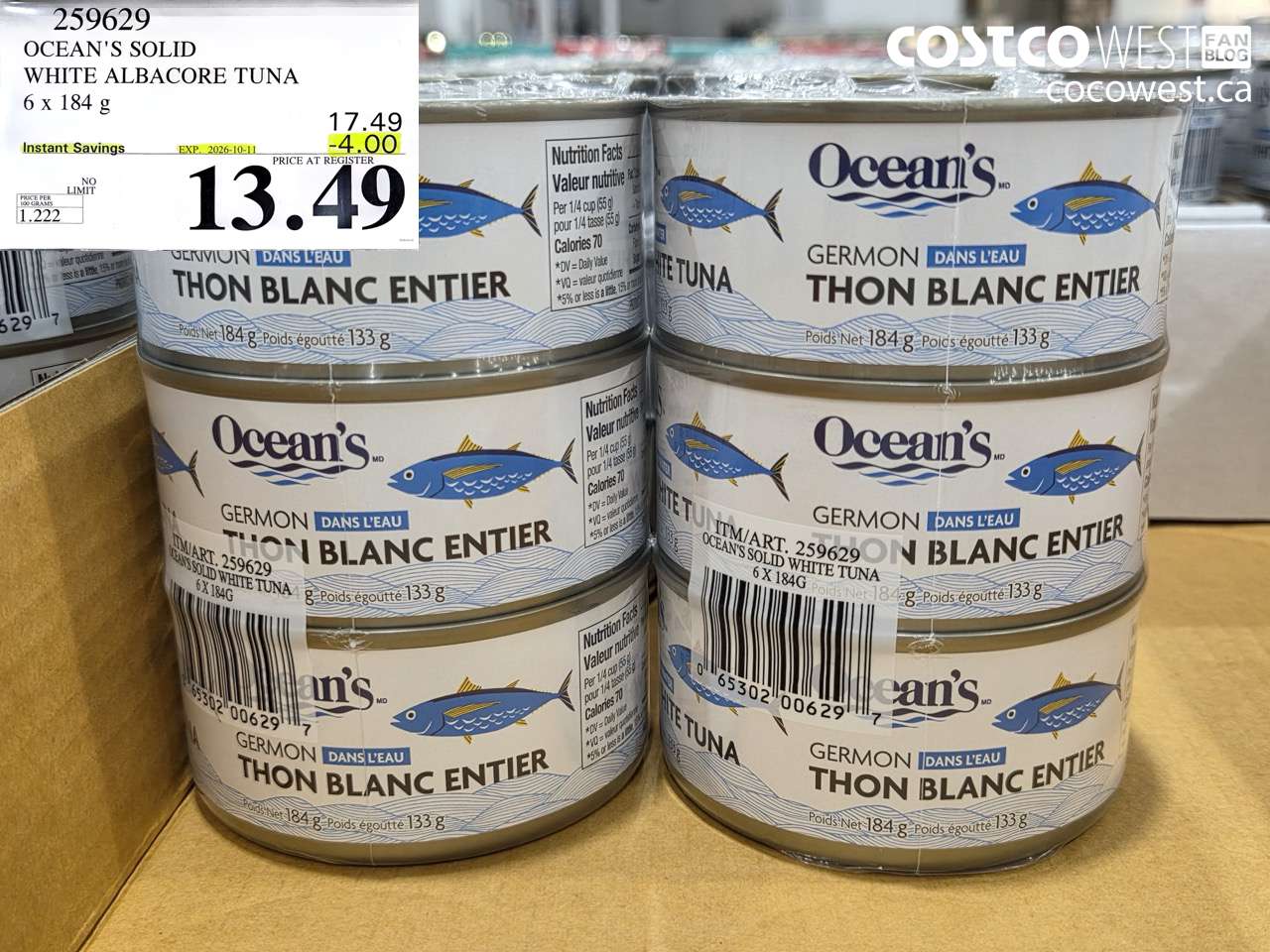 259629 OCEAN'S SOLID WHITE ALBACORE TUNA 6 X 184 G ($4.00 INSTANT SAVINGS EXPIRES ON 2026-10-11) $13.49