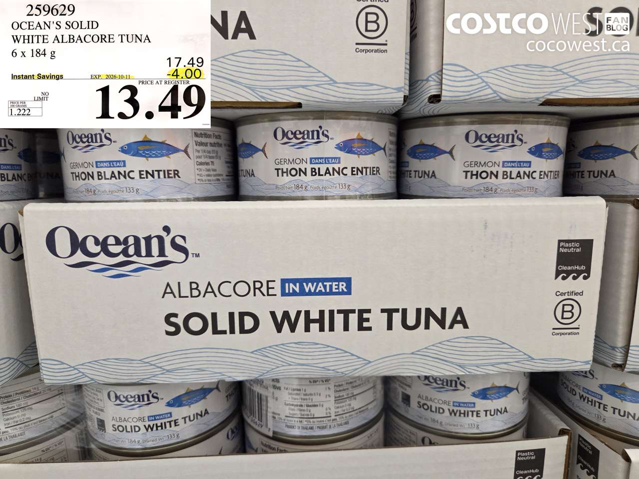 259629 OCEAN'S SOLID WHITE ALBACORE TUNA 6 X 184 G ($4.00 INSTANT SAVINGS EXPIRES ON 2026-10-11) $13.49