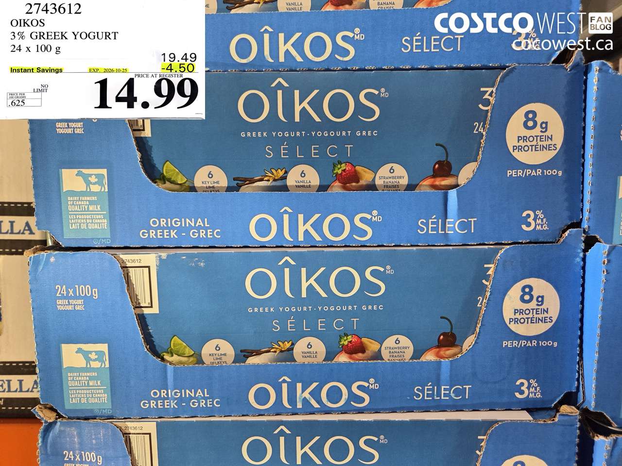 2743612 OIKOS 3% GREEK YOGURT 24 X 100 G ($4.50 INSTANT SAVINGS EXPIRES ON 2026-10-25) $14.99
