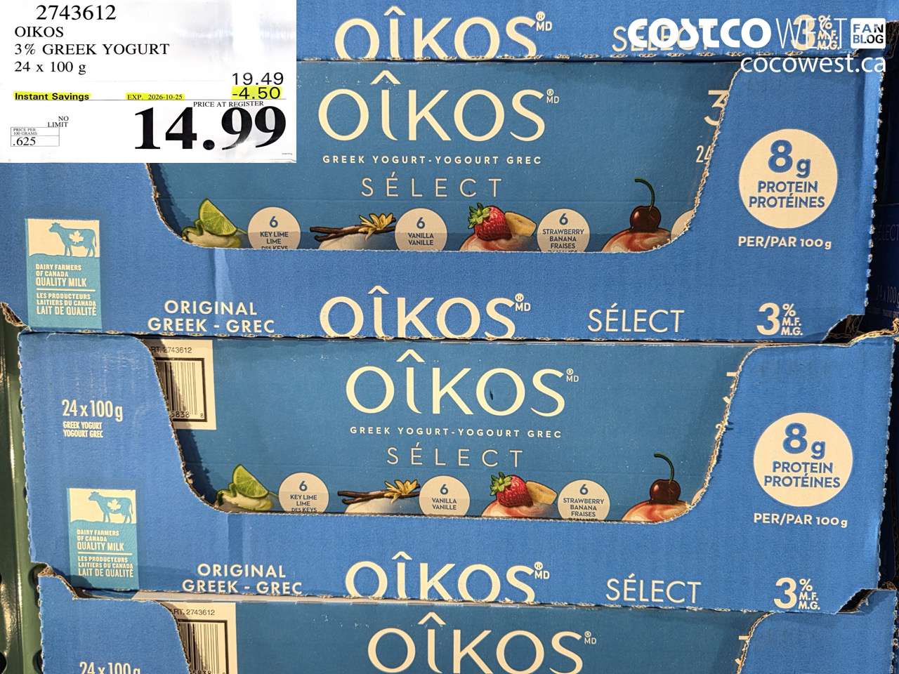2743612 OIKOS 3% GREEK YOGURT 24 X 100 G ($4.50 INSTANT SAVINGS EXPIRES ON 2026-10-25) $14.99
