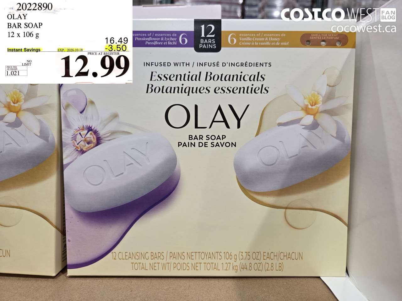 2022890 OLAY BAR SOAP 12 X 106 G ($3.50 INSTANT SAVINGS EXPIRES ON 2026-10-18) $12.99