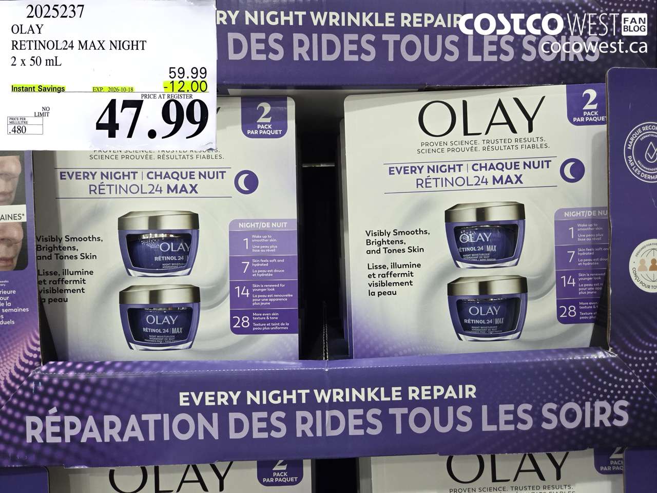 2025237 OLAY RETINOL24 MAX NIGHT 2 X 50 ML ($12.00 INSTANT SAVINGS EXPIRES ON 2026-10-18) $47.99