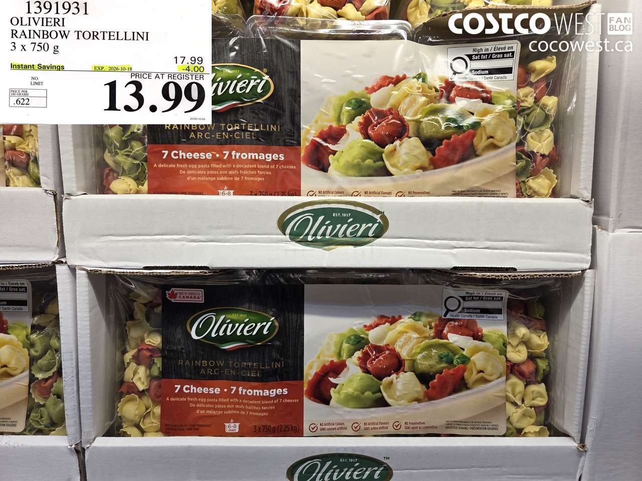 1391931 OLIVIERI RAINBOW TORTELLINI 3 X 750 G ($4.00 INSTANT SAVINGS EXPIRES ON 2026-10-18) $13.99