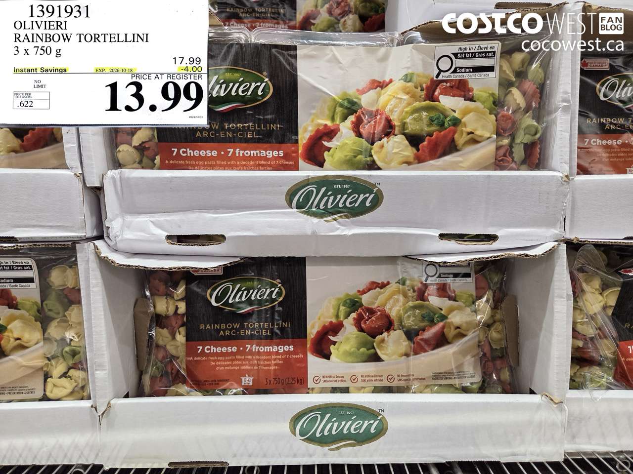 1391931 OLIVIERI RAINBOW TORTELLINI 3 X 750 G ($4.00 INSTANT SAVINGS EXPIRES ON 2026-10-18) $13.99