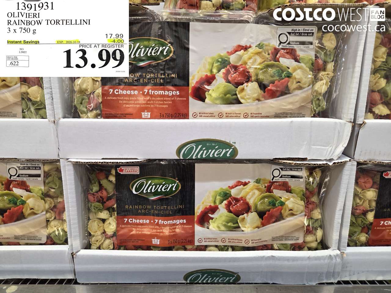 1391931 OLIVIERI RAINBOW TORTELLINI 3 X 750 G ($4.00 INSTANT SAVINGS EXPIRES ON 2026-10-18) $13.99