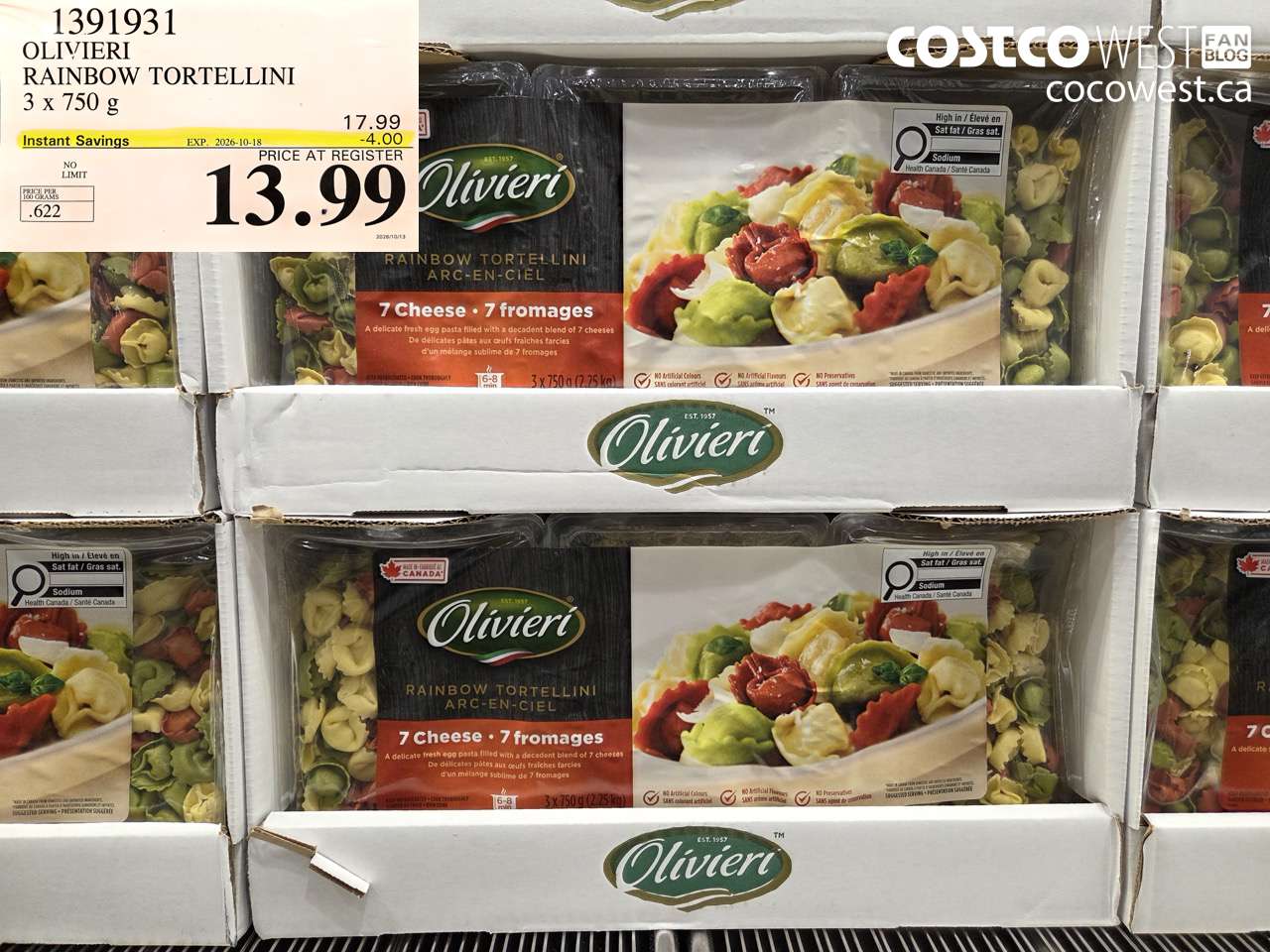 1391931 OLIVIERI RAINBOW TORTELLINI 3 X 750 G ($4.00 INSTANT SAVINGS EXPIRES ON 2026-10-18) $13.99