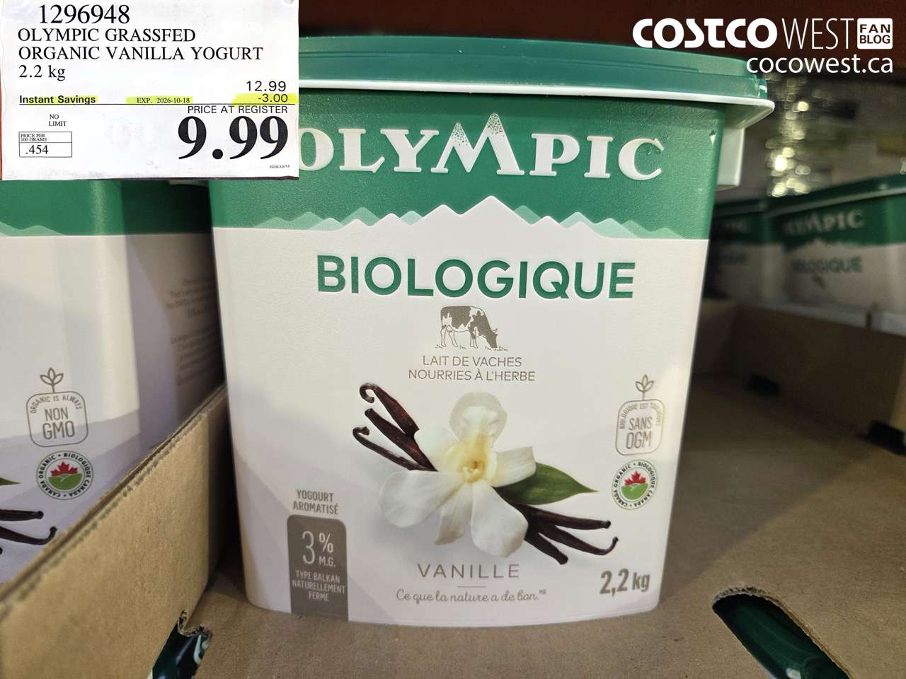 1296948 OLYMPIC GRASSFED ORGANIC VANILLA YOGURT 2.2 KG ($3.00 INSTANT SAVINGS EXPIRES ON 2026-10-18) $9.99