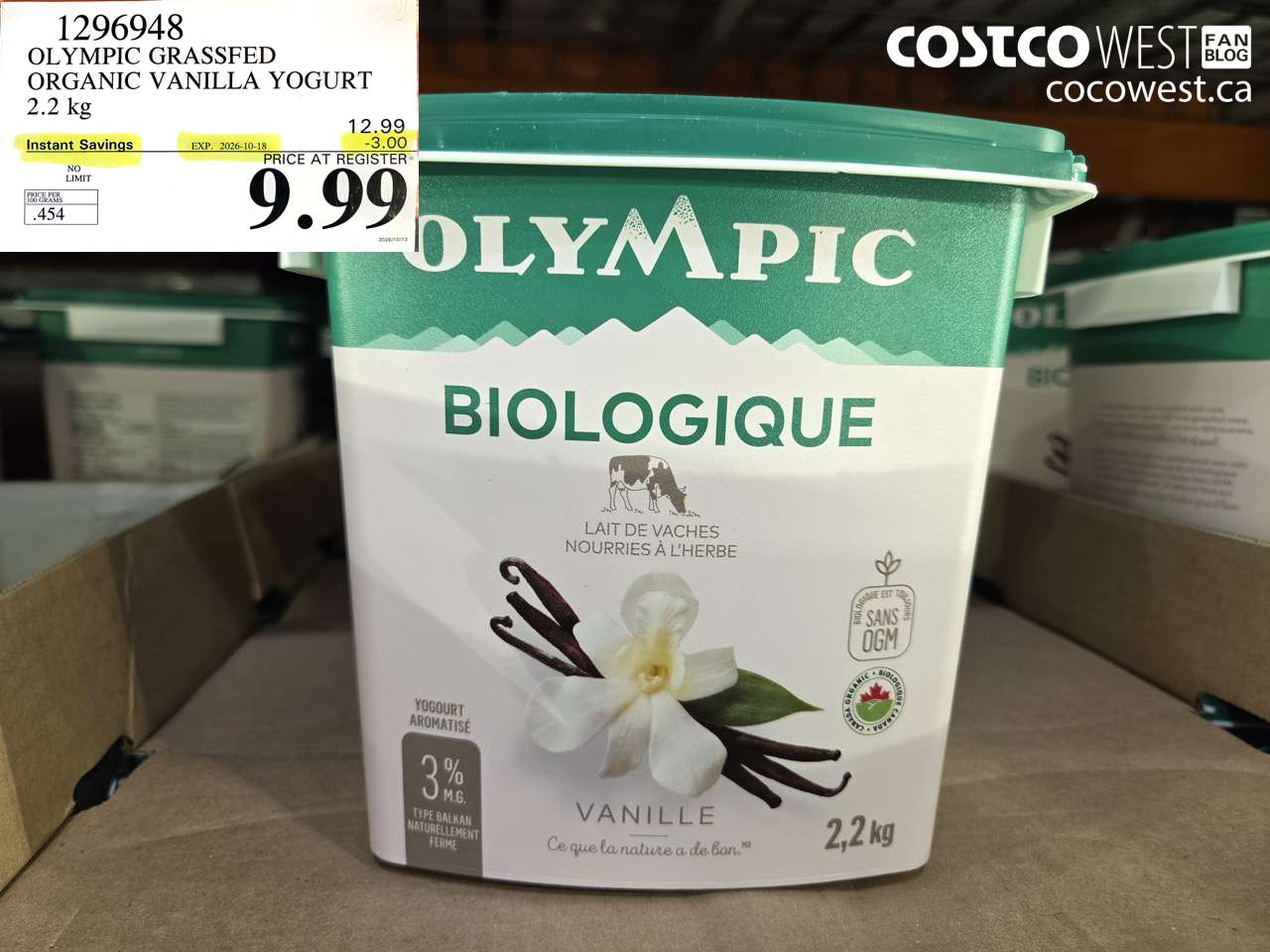 1296948 OLYMPIC GRASSFED ORGANIC VANILLA YOGURT 2.2 KG ($3.00 INSTANT SAVINGS EXPIRES ON 2026-10-18) $9.99