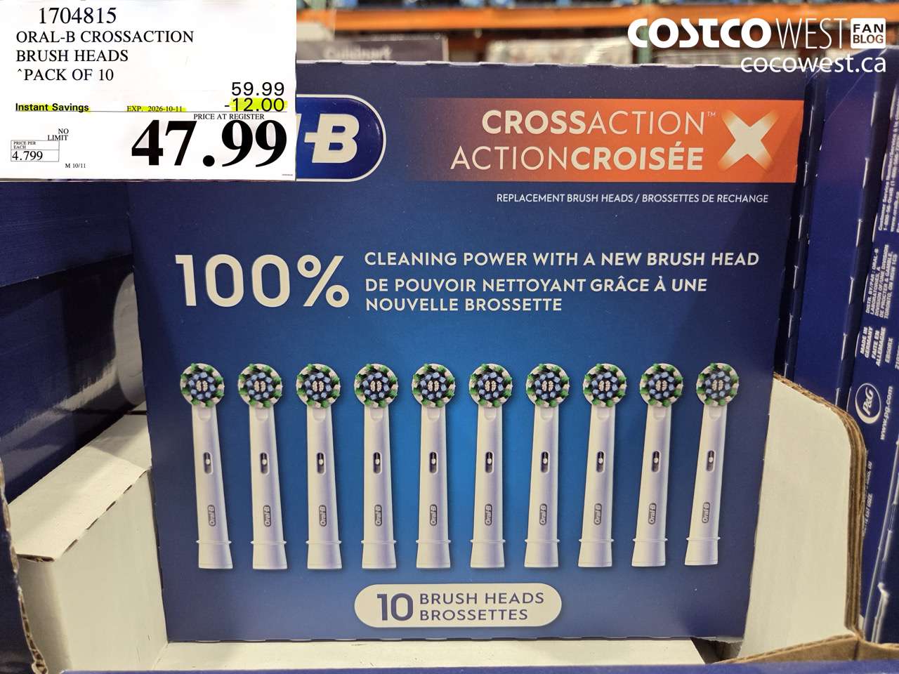 1704815 ORAL-B CROSSACTION BRUSH HEADS PACK OF 10 ($12.00 INSTANT SAVINGS EXPIRES ON 2026-10-11) $47.99