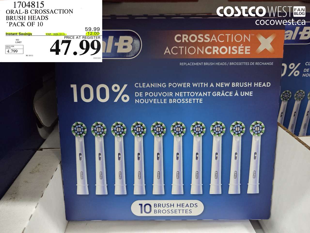 1704815 ORAL-B CROSSACTION BRUSH HEADS PACK OF 10 ($12.00 INSTANT SAVINGS EXPIRES ON 2026-10-11) $47.99