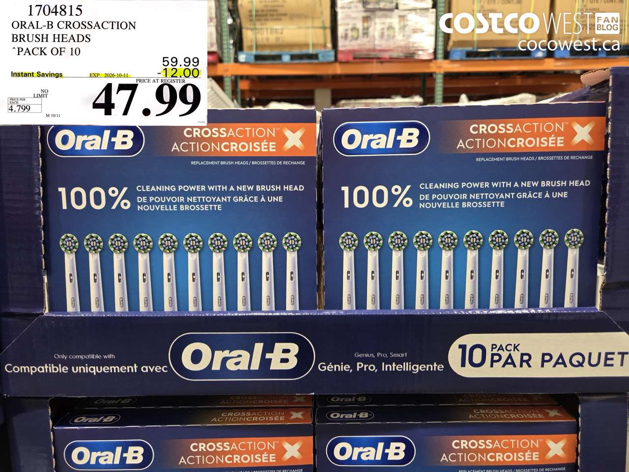 1704815 ORAL-B CROSSACTION BRUSH HEADS PACK OF 10 ($12.00 INSTANT SAVINGS EXPIRES ON 2026-10-11) $47.99