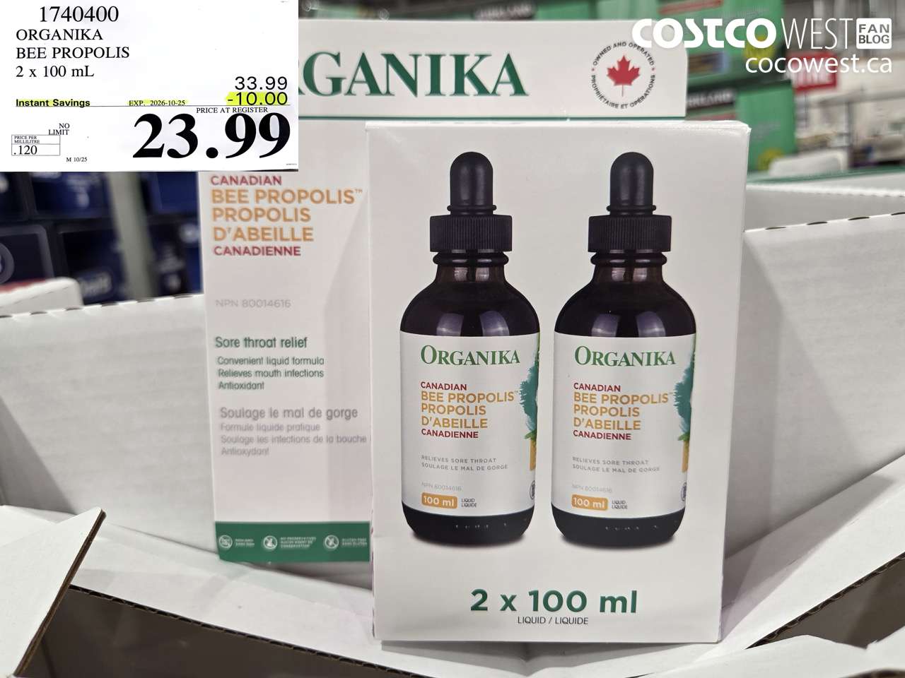 1740400 ORGANIKA BEE PROPOLIS 2 X 100 ML ($10.00 INSTANT SAVINGS EXPIRES ON 2026-10-25) $23.99