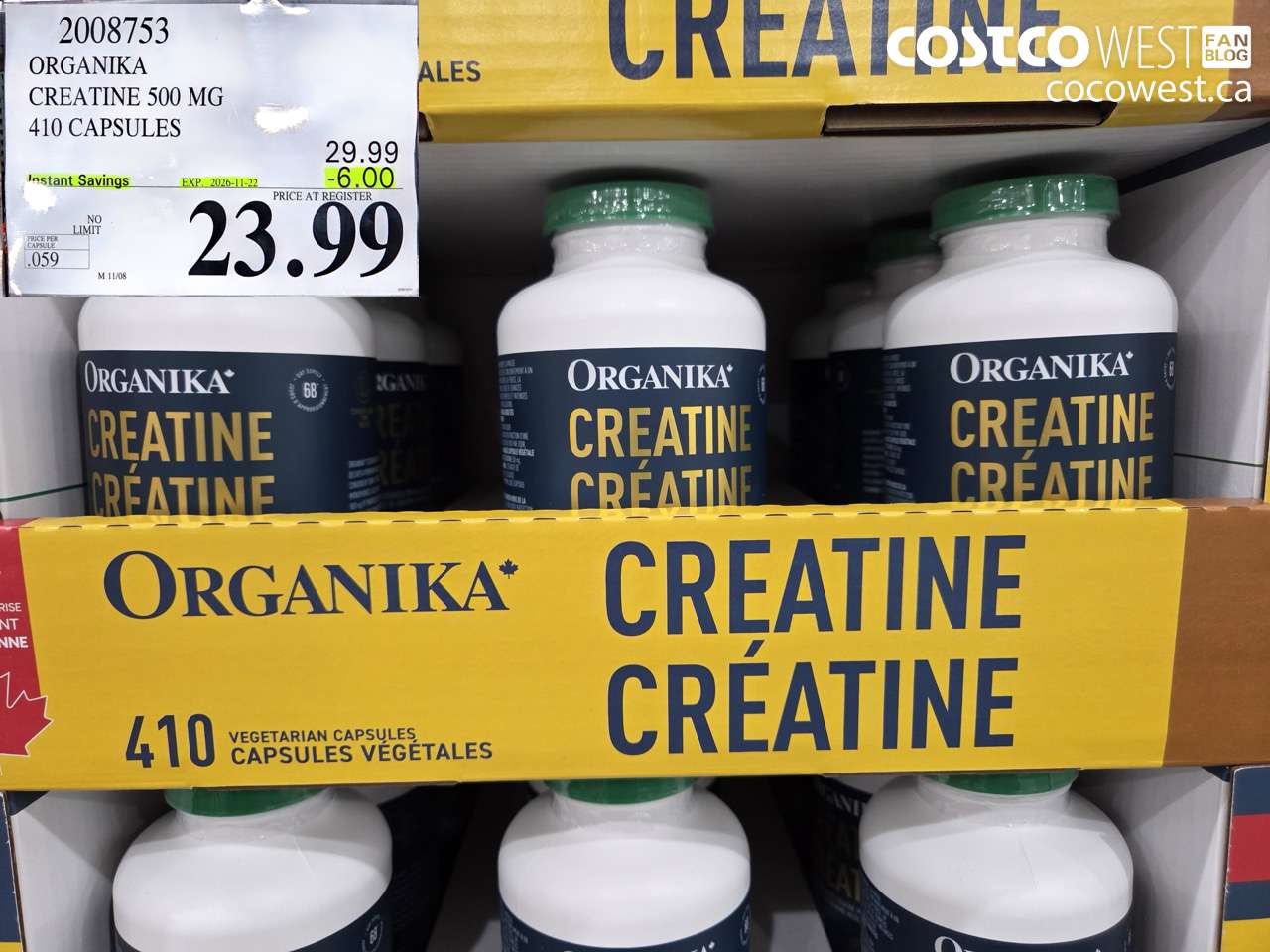2008753 ORGANIKA CREATINE 500 MG 410 CAPSULES ($6.00 INSTANT SAVINGS EXPIRES ON 2026-11-22) $23.99
