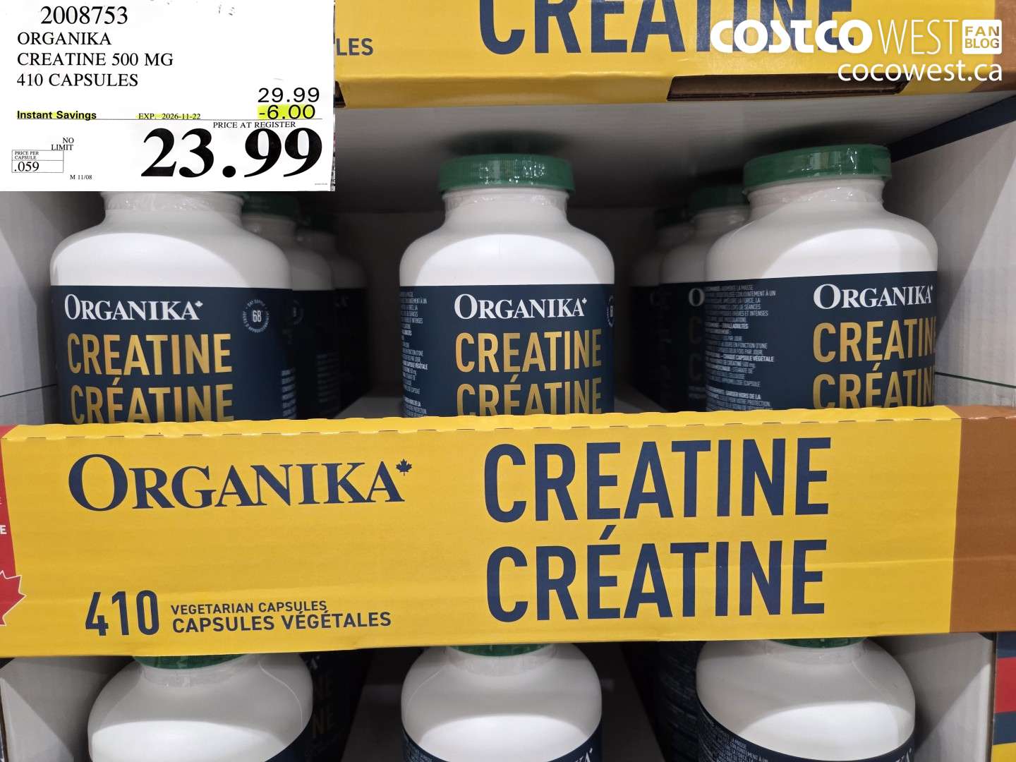 2008753 ORGANIKA CREATINE 500 MG 410 CAPSULES ($6.00 INSTANT SAVINGS EXPIRES ON 2026-11-22) $23.99