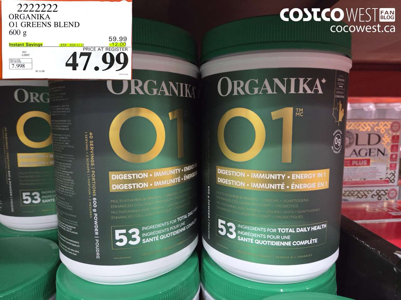 2222222 ORGANIKA O1 GREENS BLEND 600 G ($12.00 INSTANT SAVINGS EXPIRES ON 2026-11-22) $47.99