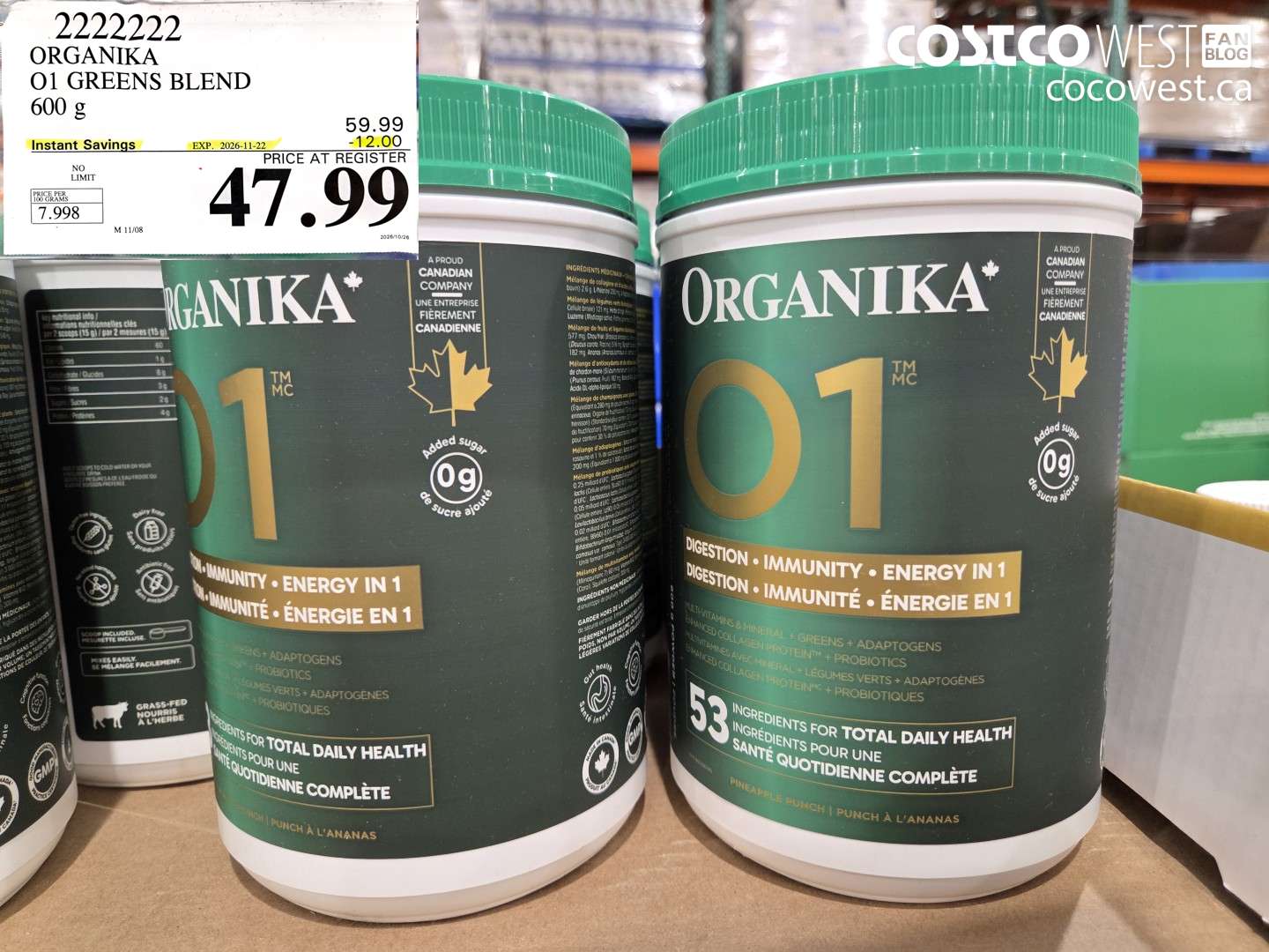 2222222 ORGANIKA O1 GREENS BLEND 600 G ($12.00 INSTANT SAVINGS EXPIRES ON 2026-11-22) $47.99