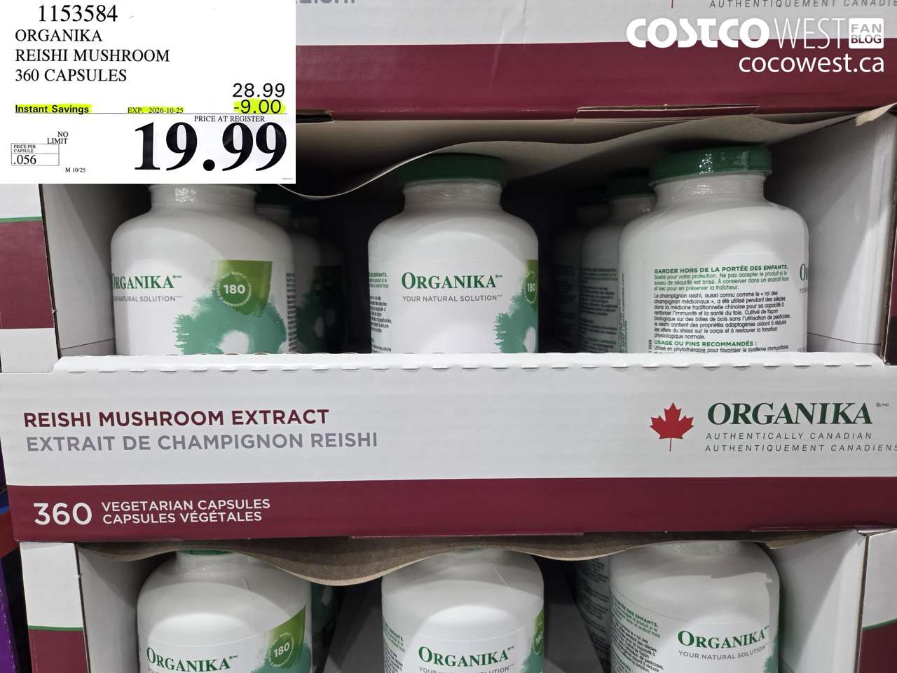 1153584 ORGANIKA REISHI MUSHROOM 360 CAPSULES ($9.00 INSTANT SAVINGS EXPIRES ON 2026-10-25) $19.99