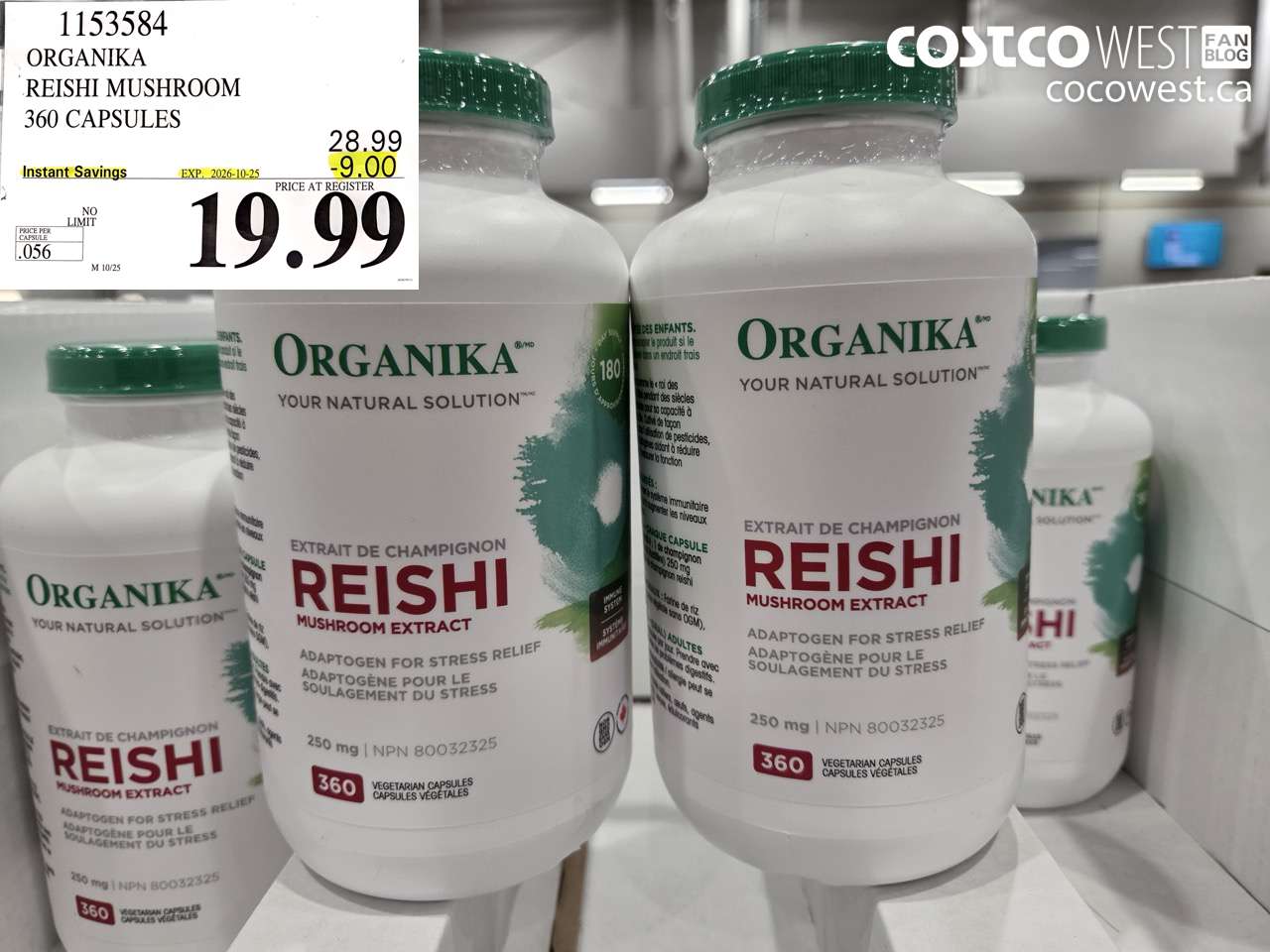 1153584 ORGANIKA REISHI MUSHROOM 360 CAPSULES ($9.00 INSTANT SAVINGS EXPIRES ON 2026-10-25) $19.99