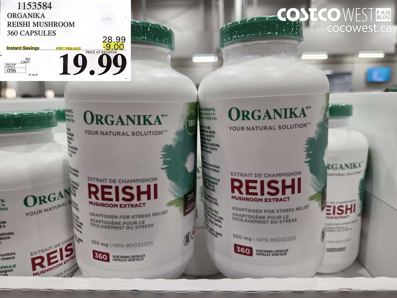 1153584 ORGANIKA REISHI MUSHROOM 360 CAPSULES ($9.00 INSTANT SAVINGS EXPIRES ON 2026-10-25) $19.99