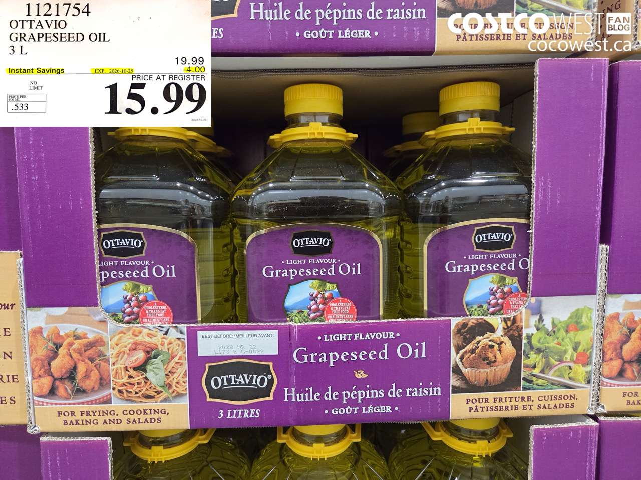 1121754 OTTAVIO GRAPESEED OIL 3 L ($4.00 INSTANT SAVINGS EXPIRES ON 2026-10-25) $15.99