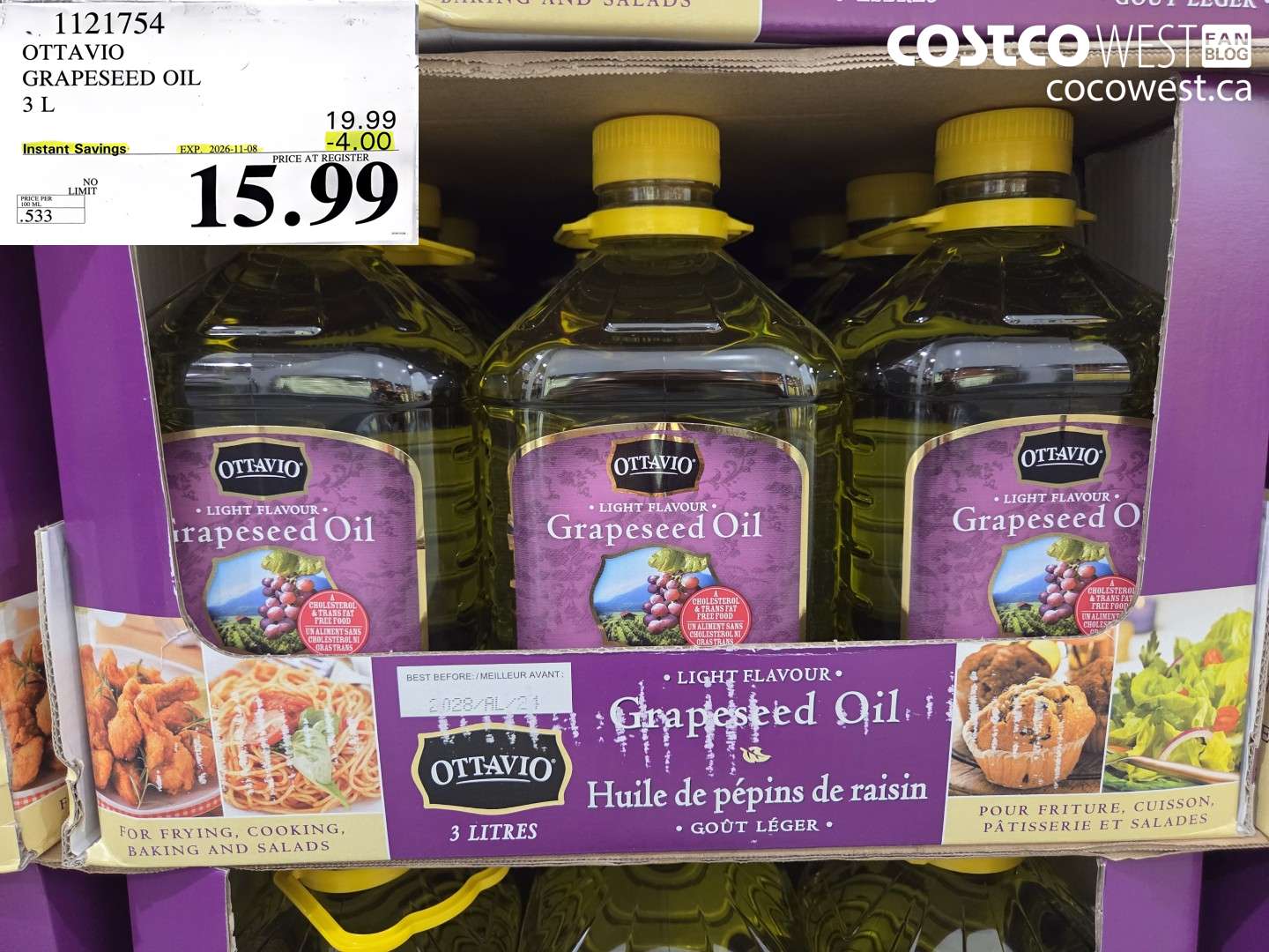 1121754 OTTAVIO GRAPESEED OIL 3 L ($4.00 INSTANT SAVINGS EXPIRES ON 2026-11-08) $15.99