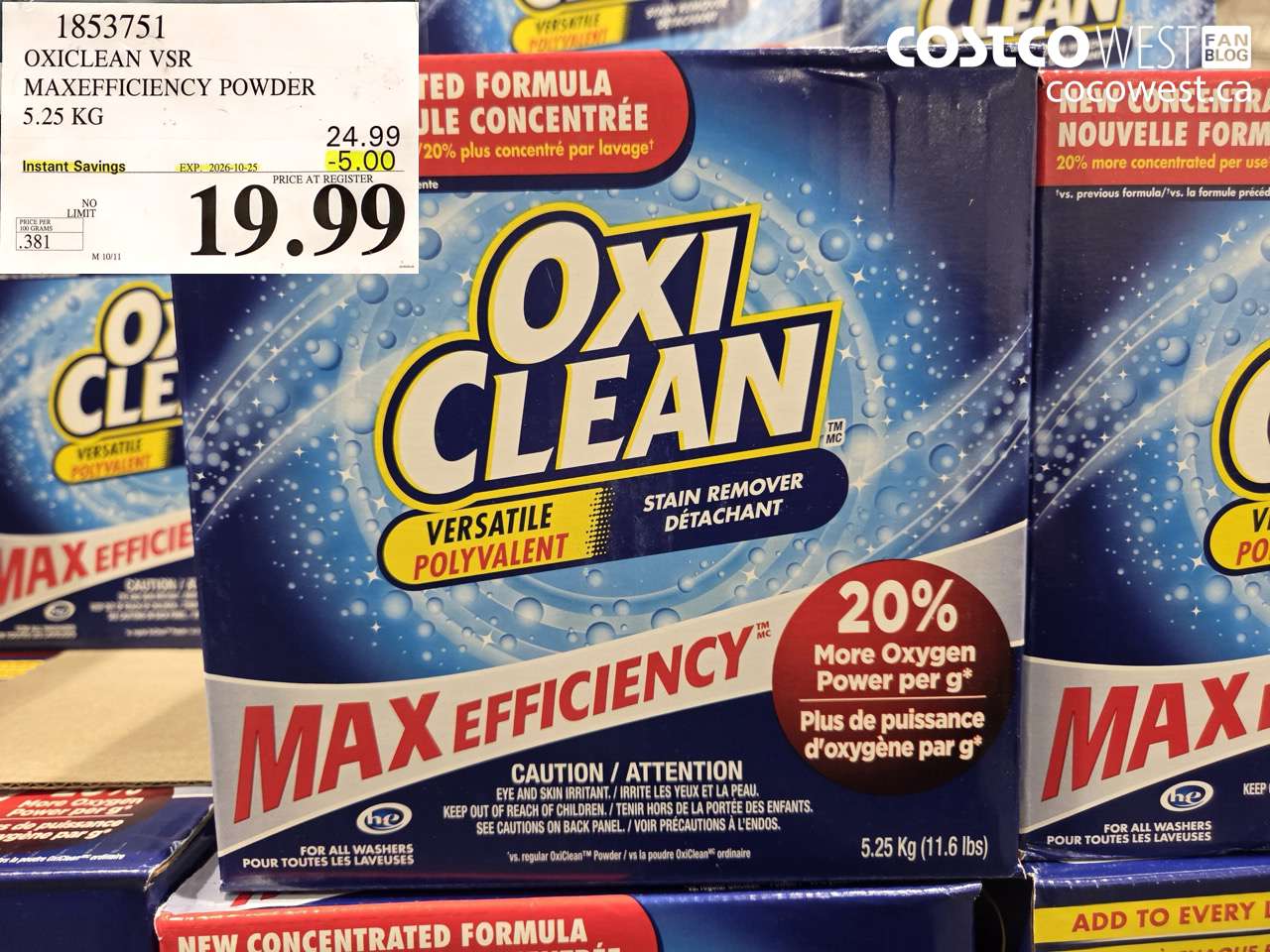 1853751 OXICLEAN VSR MAXEFFICIENCY POWDER 5.25 KG ($5.00 INSTANT SAVINGS EXPIRES ON 2026-10-25) $19.99