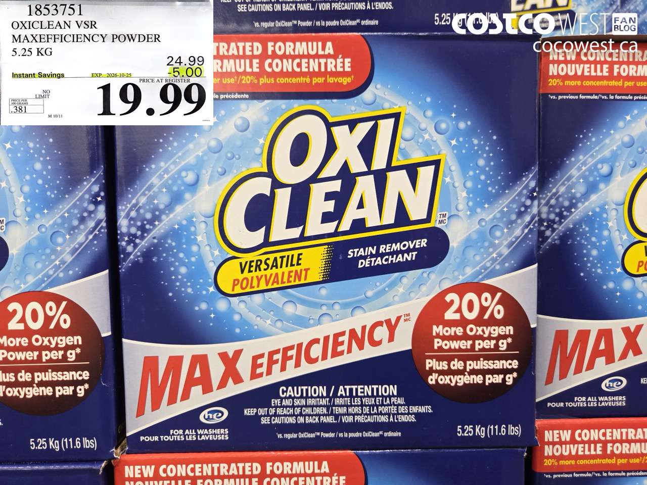 1853751 OXICLEAN VSR MAXEFFICIENCY POWDER 5.25 KG ($5.00 INSTANT SAVINGS EXPIRES ON 2026-10-25) $19.99