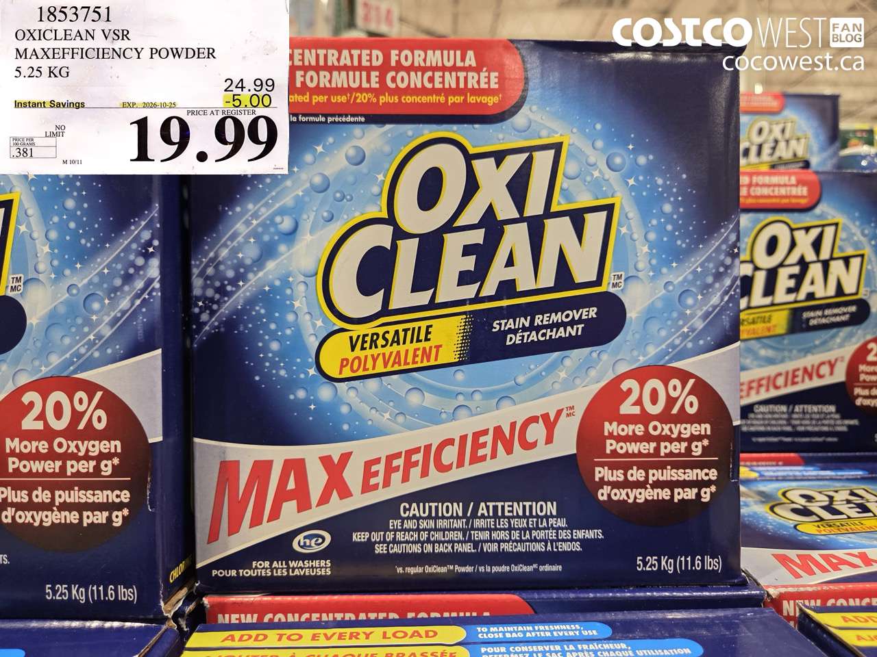 1853751 OXICLEAN VSR MAXEFFICIENCY POWDER 5.25 KG ($5.00 INSTANT SAVINGS EXPIRES ON 2026-10-25) $19.99