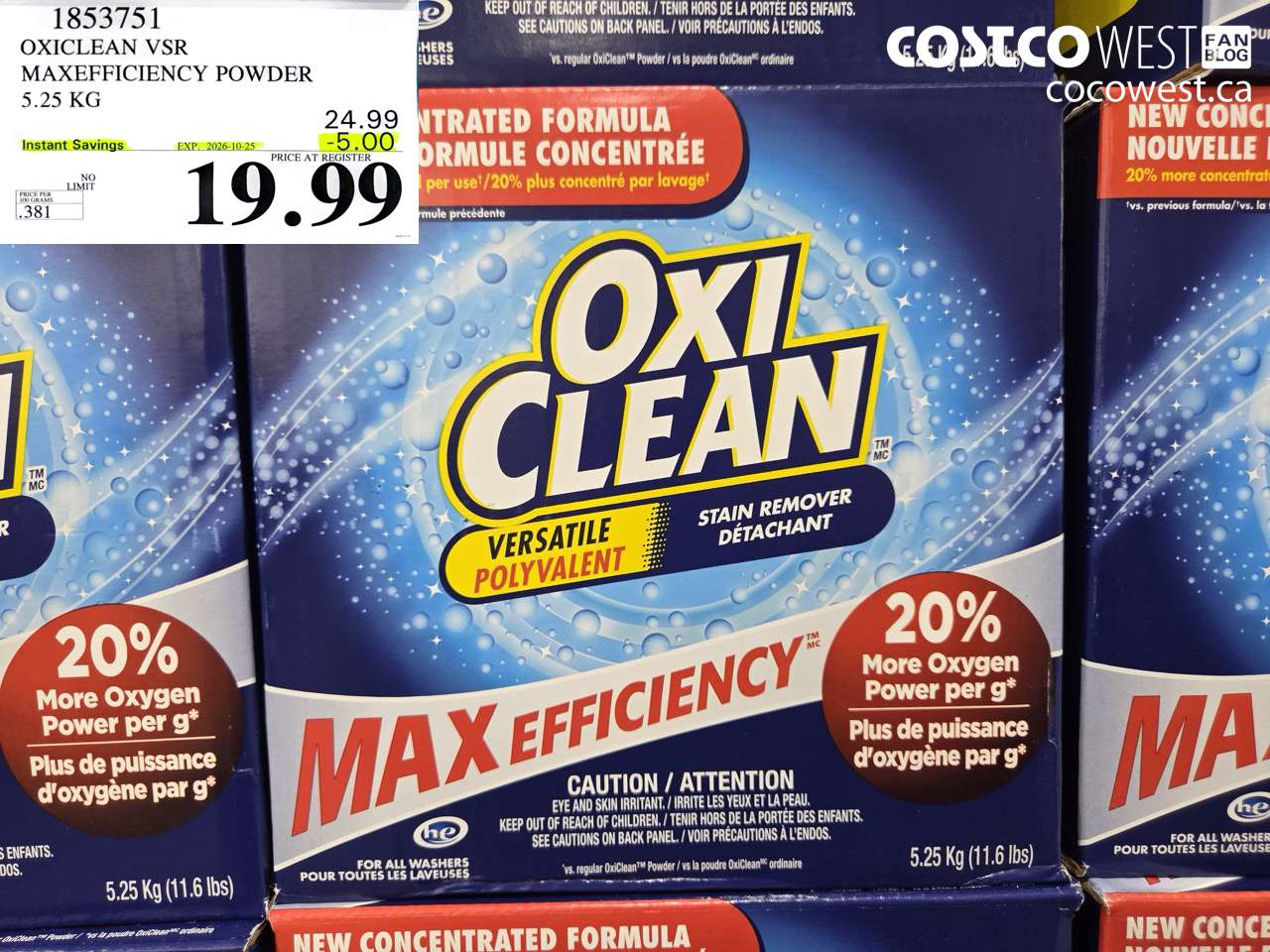 1853751 OXICLEAN VSR MAXEFFICIENCY POWDER 5.25 KG ($5.00 INSTANT SAVINGS EXPIRES ON 2026-10-25) $19.99