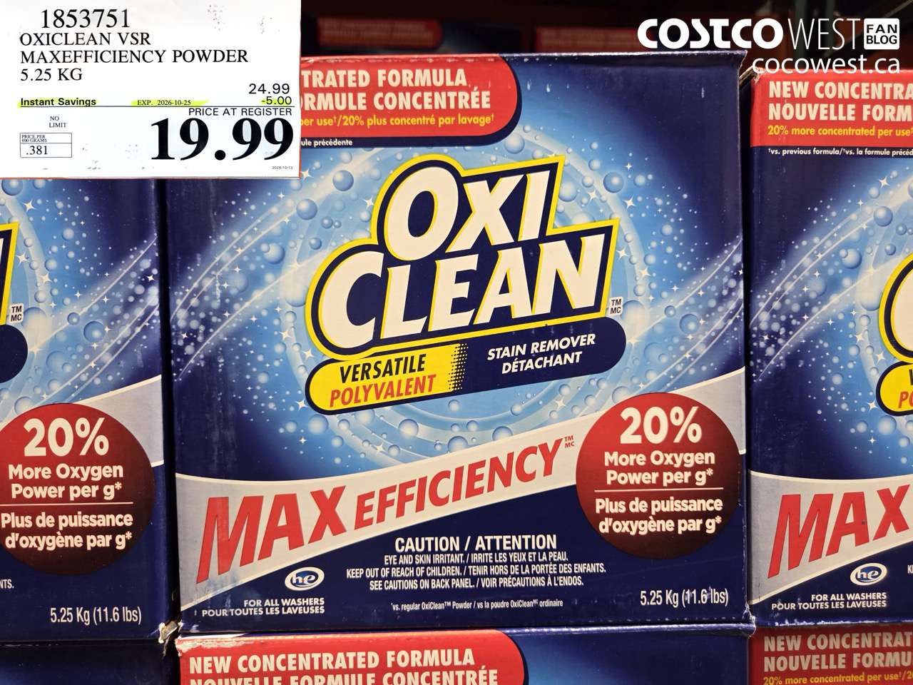 1853751 OXICLEAN VSR MAXEFFICIENCY POWDER 5.25 KG ($5.00 INSTANT SAVINGS EXPIRES ON 2026-10-25) $19.99