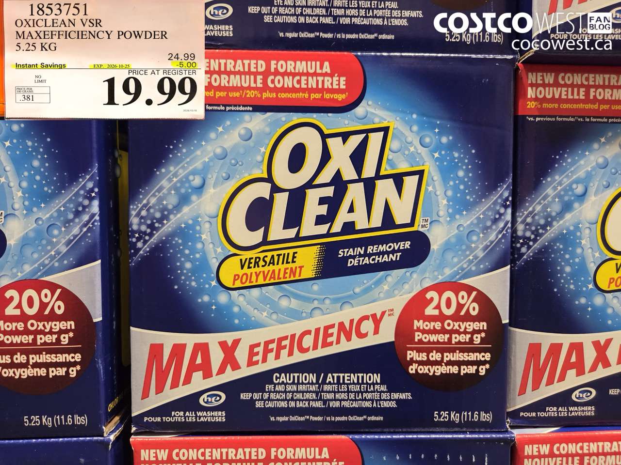 1853751 OXICLEAN VSR MAXEFFICIENCY POWDER 5.25 KG ($5.00 INSTANT SAVINGS EXPIRES ON 2026-10-25) $19.99