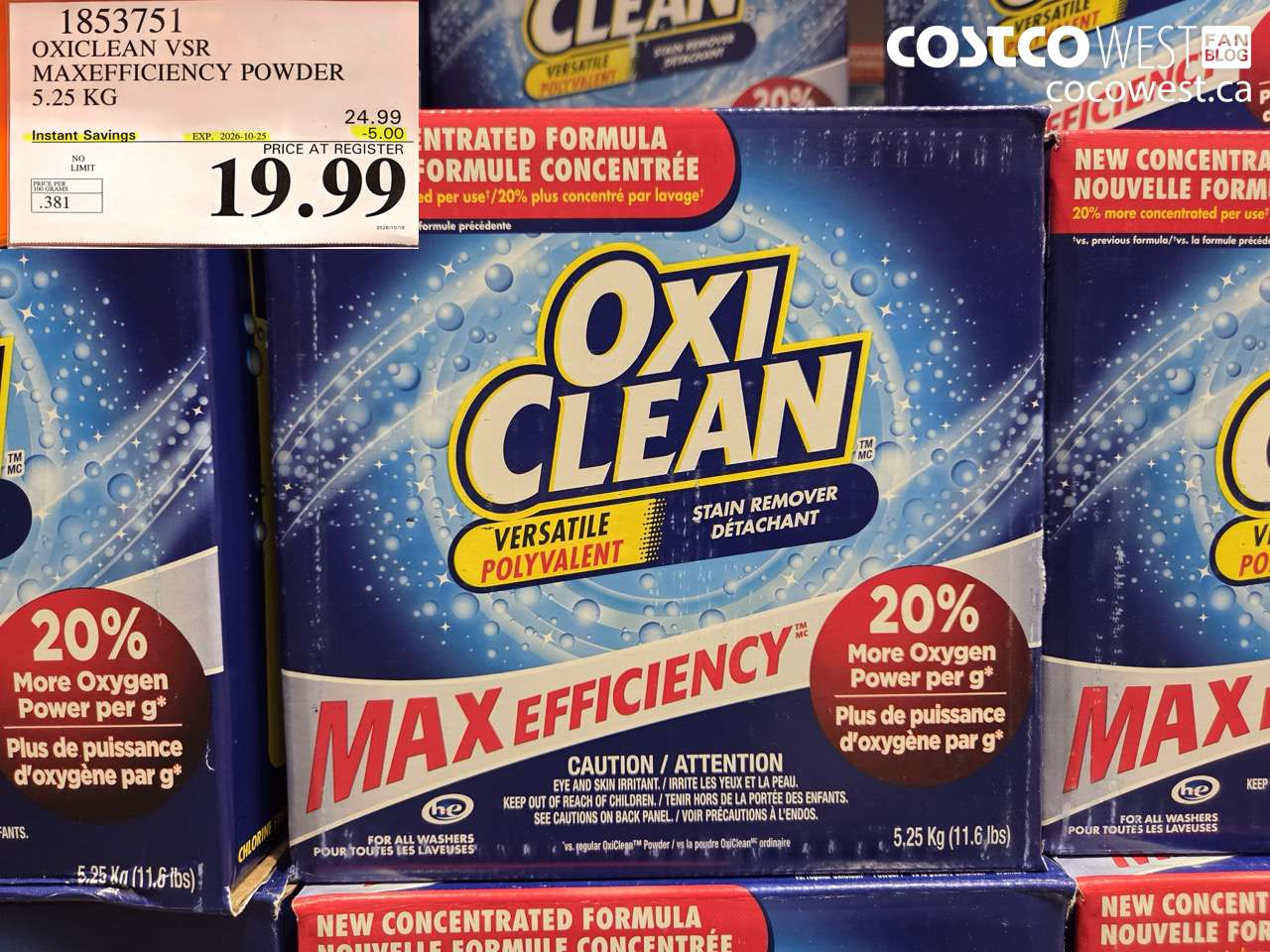 1853751 OXICLEAN VSR MAXEFFICIENCY POWDER 5.25 KG ($5.00 INSTANT SAVINGS EXPIRES ON 2026-10-25) $19.99