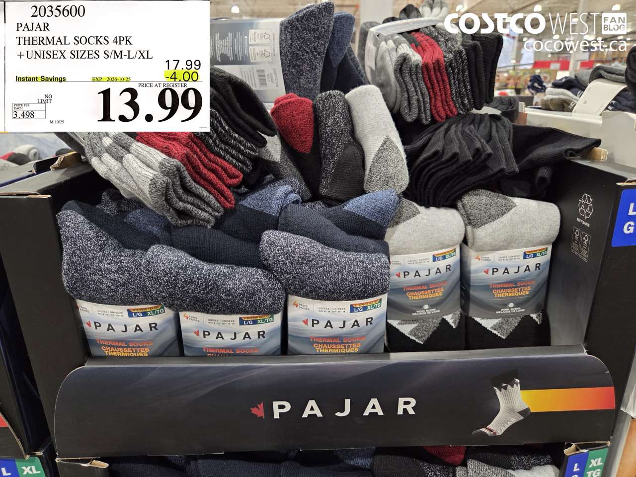 2035600 PAJAR THERMAL SOCKS 4PK UNISEX SIZES S/M-L/XL ($4.00 INSTANT SAVINGS EXPIRES ON 2026-10-25) $13.99
