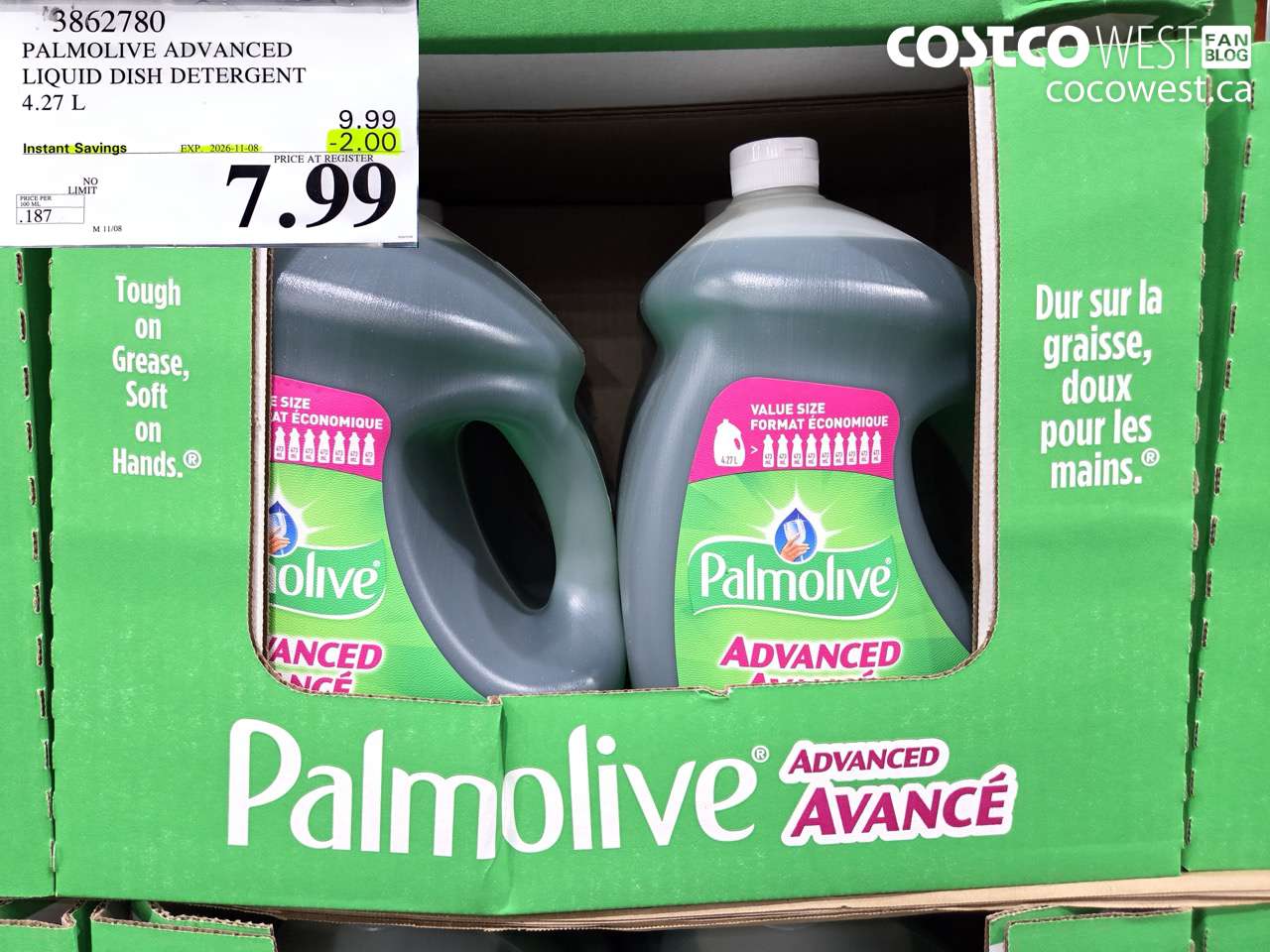 3852780 PALMOLIVE ADVANCED LIQUID DISH DETERGENT 4.27 L ($2.00 INSTANT SAVINGS EXPIRES ON 2026-11-08) $7.99