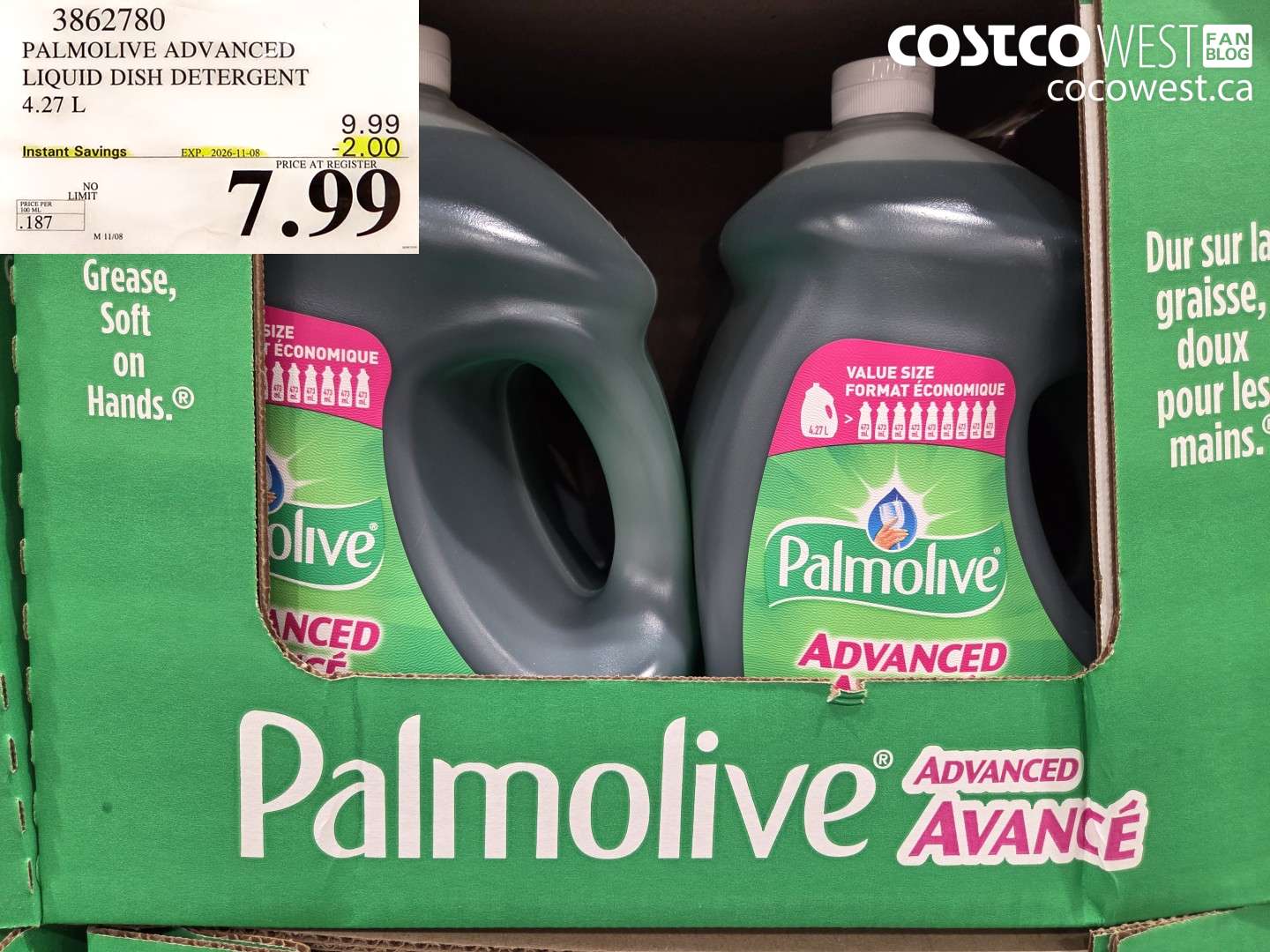 3862780 PALMOLIVE ADVANCED LIQUID DISH DETERGENT 4.27 L ($2.00 INSTANT SAVINGS EXPIRES ON 2026-11-08) $7.99